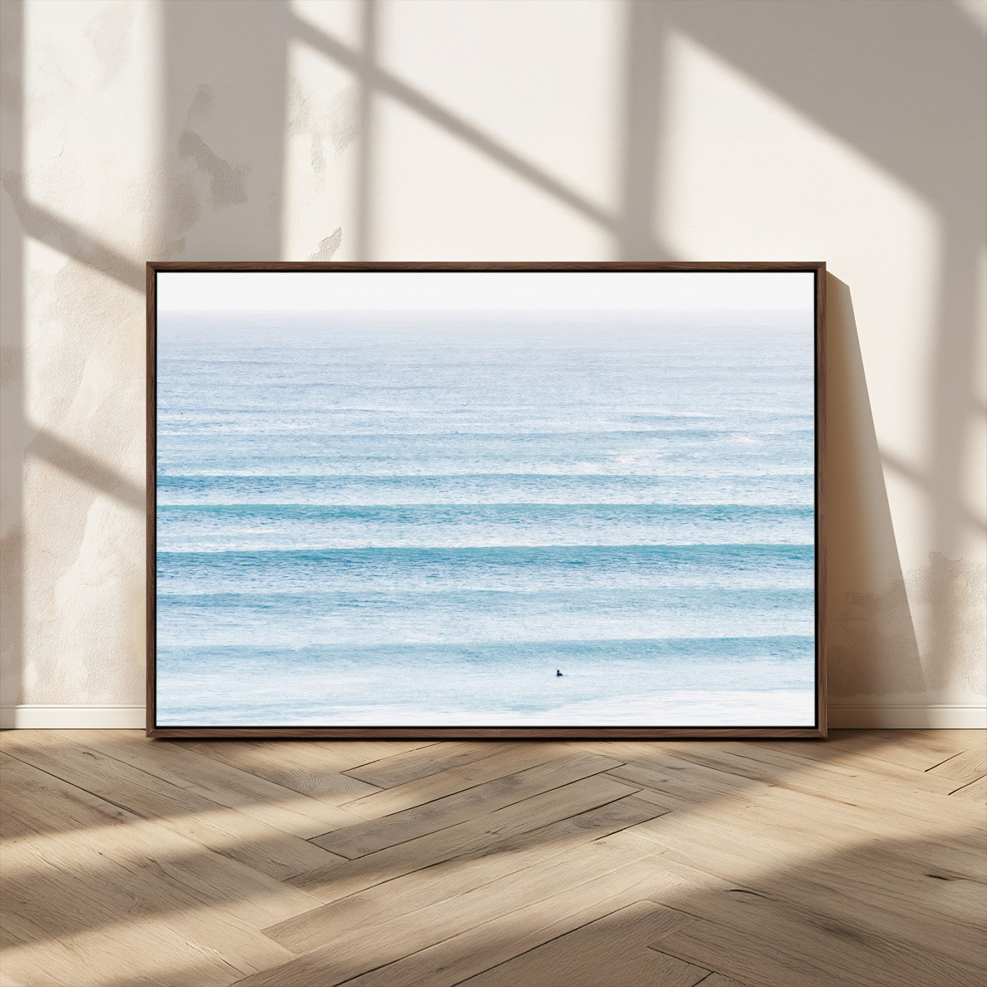 77145995-MGV-CV-36X24-Ocean Wave Surfer Wall Art – Framed Minimal Seascape Canvas Artwork, Calm Blue Water Design, Coastal Decor for Home, Office