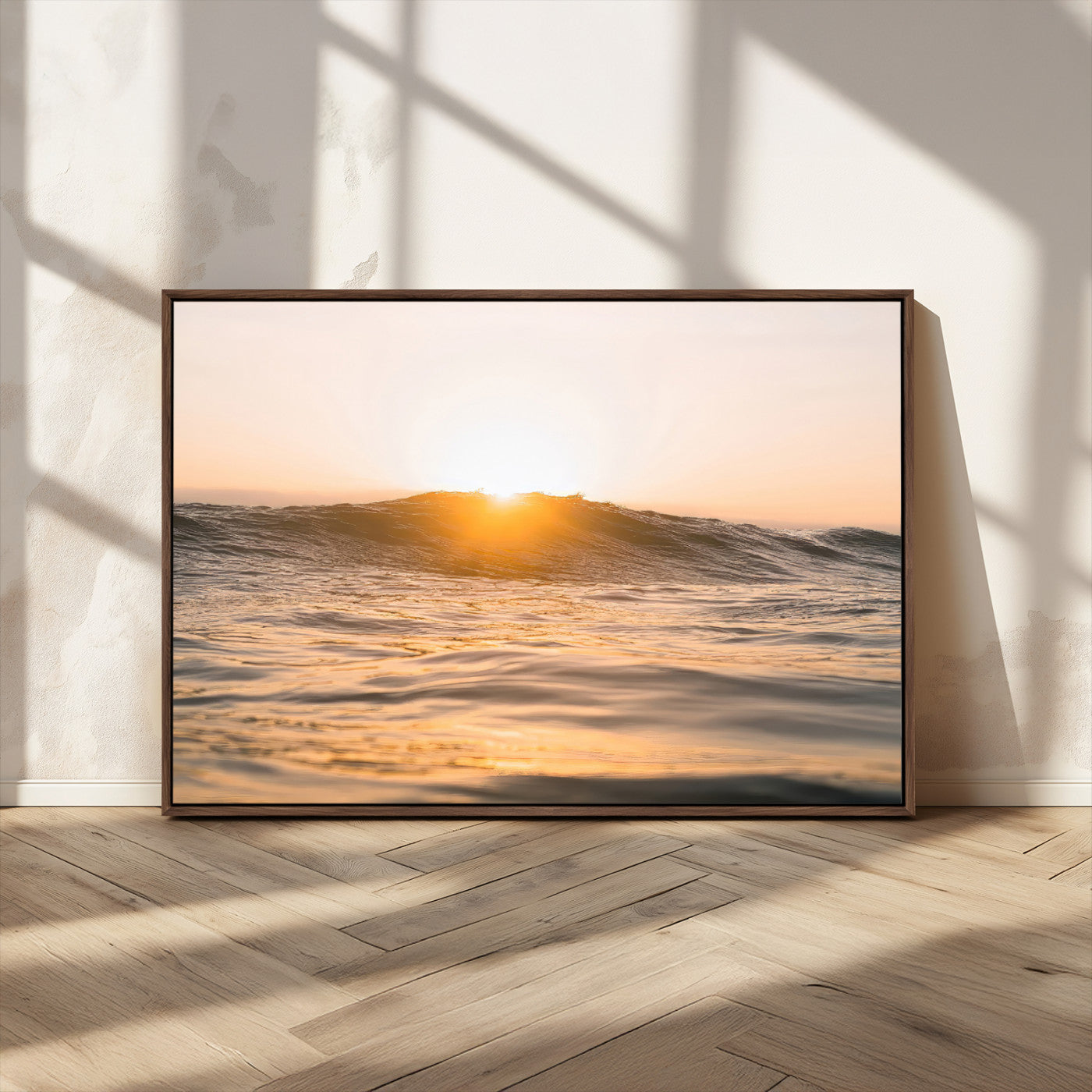 16973771-MGV-CV-36X24-Calm Water Wall Art – Framed Sunset Waves Canvas Artwork, Coastal Warm Design, Minimal Ocean Decor for Home, Office