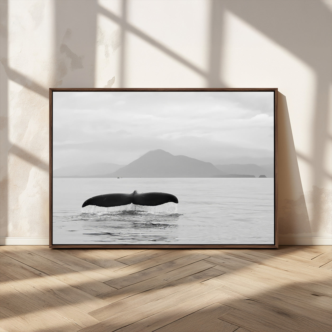 MGV-FC-36X24 - Whale Tail Wall Art Canvas Print, Framed Black White Ocean Art Picture Print, Calm Marine Perfect Minimalist Coastal Decor Artwork