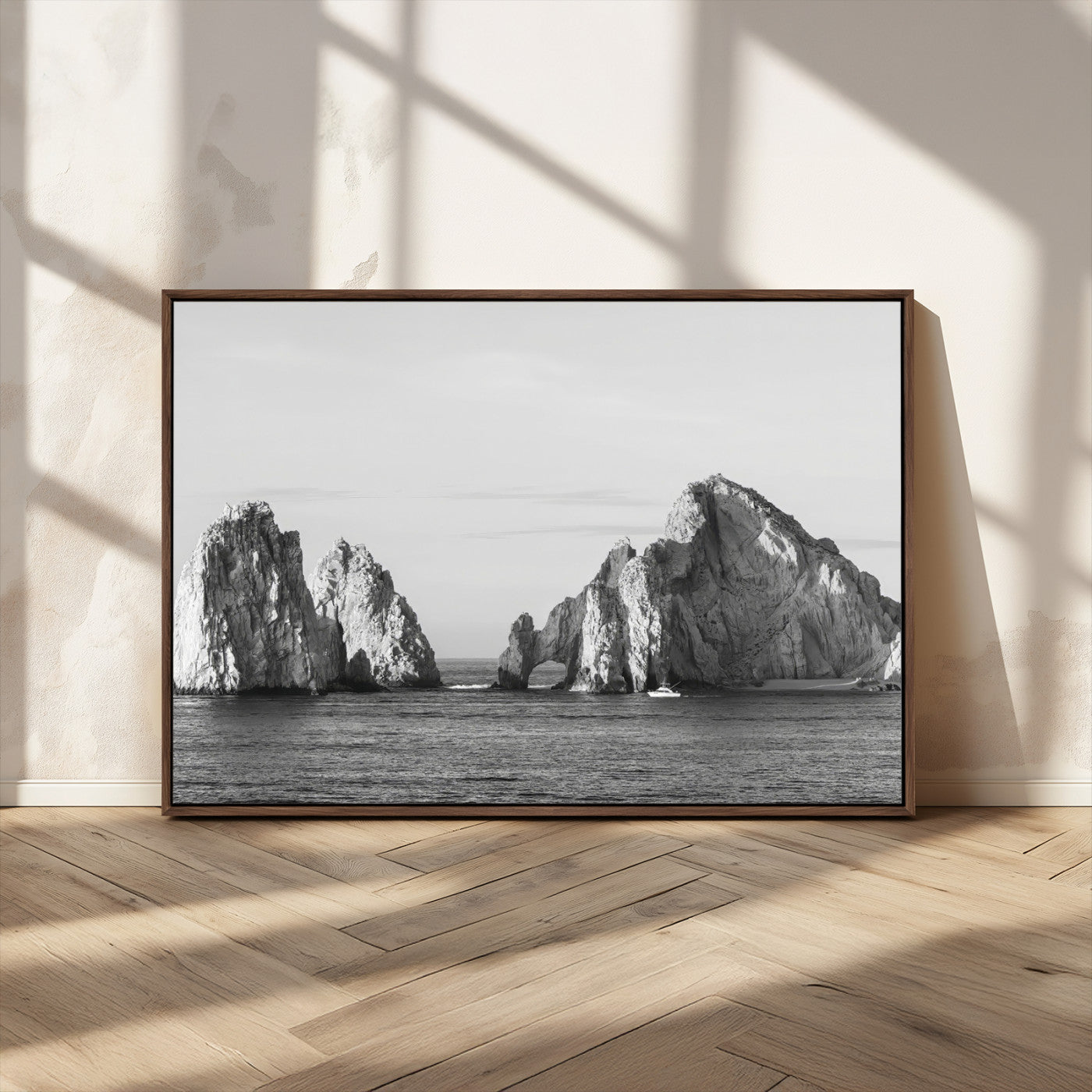 MGV-FC-36X24 - Rugged Coastline Wall Art Canvas Print, Framed Ocean Cliffs Art Picture Print, Monochrome Seascape Perfect Coastal Minimalist Decor Artwork