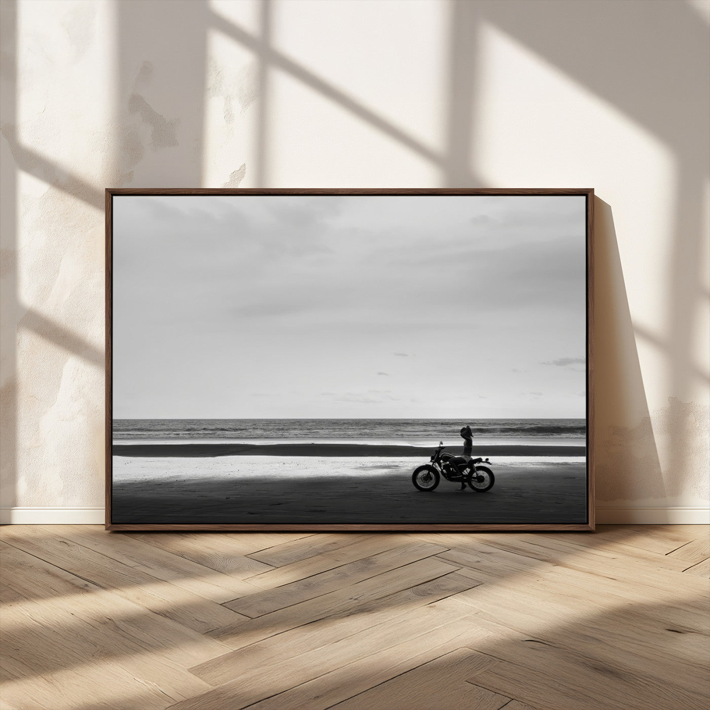 84739358-MGV-CV-36X24-Motorcycle Beach Wall Art Canvas Print – Framed Vintage Motorcycle Scene with Biker Silhouette Artwork for Home, Office