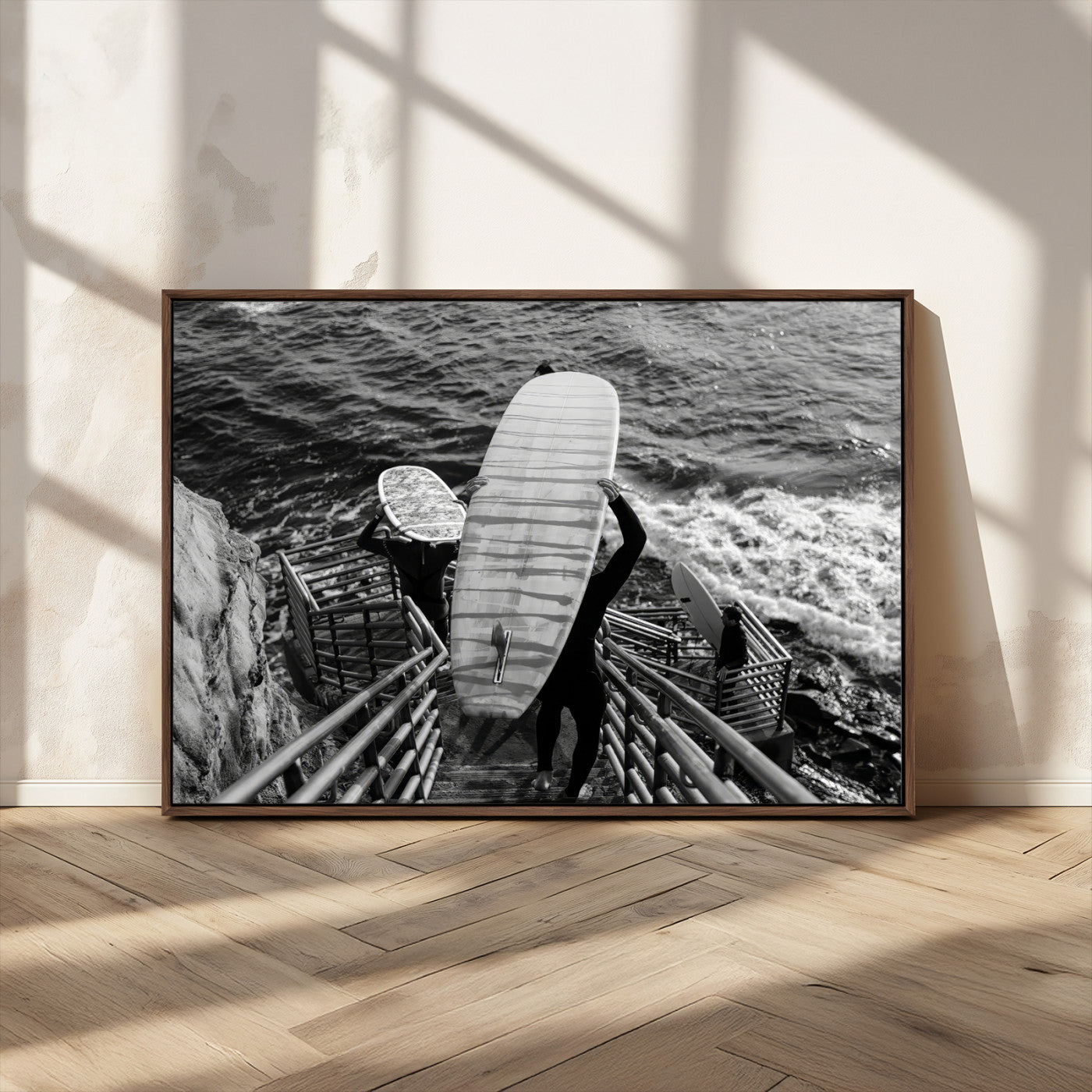 32353707-MGV-FC-36X24_Walnut-Black and White Surfing Wall Art Canvas Print – Framed Coastal Wave Riders Adventure Artwork for Home, Office