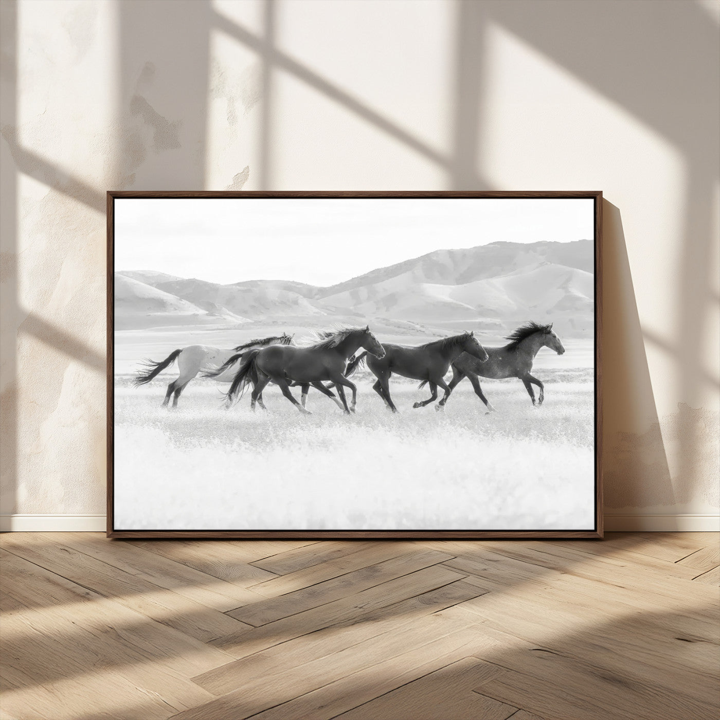 MGV-FC-36X24 - Wild Horses Wall Art – Black & White Canvas Print of Herd Running, Nature in Motion, Freedom & Beauty Decor for Guest Room, Office or Living Room