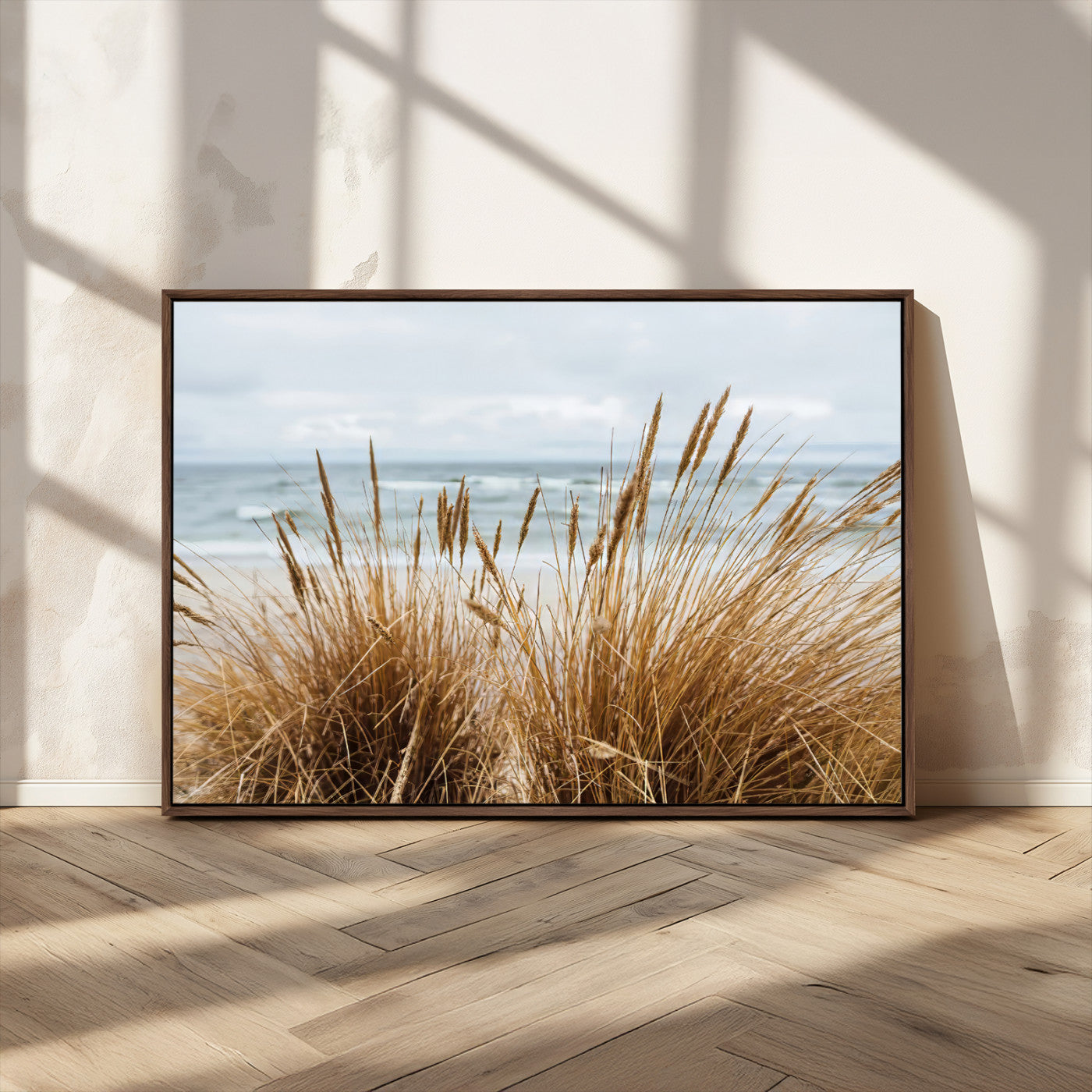14270839-MGV-CV-36X24-Beach Grass Wall Art – Framed Coastal Dunes Canvas Artwork, Minimal Seaside Design, Modern Coastal Decor for Home, Office