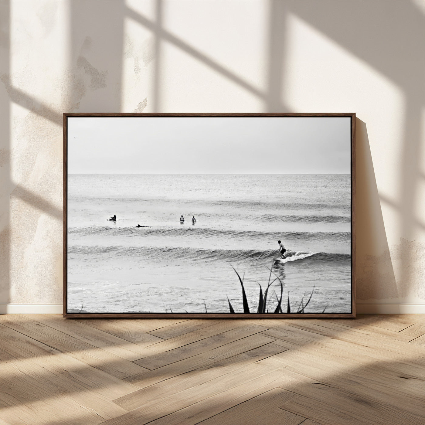 33821421-MGV-CV-36X24-Surfer Silhouette Wall Art – Framed Calm Ocean Canvas Artwork, Monochrome Minimal Design, Modern Coastal Decor for Home, Office