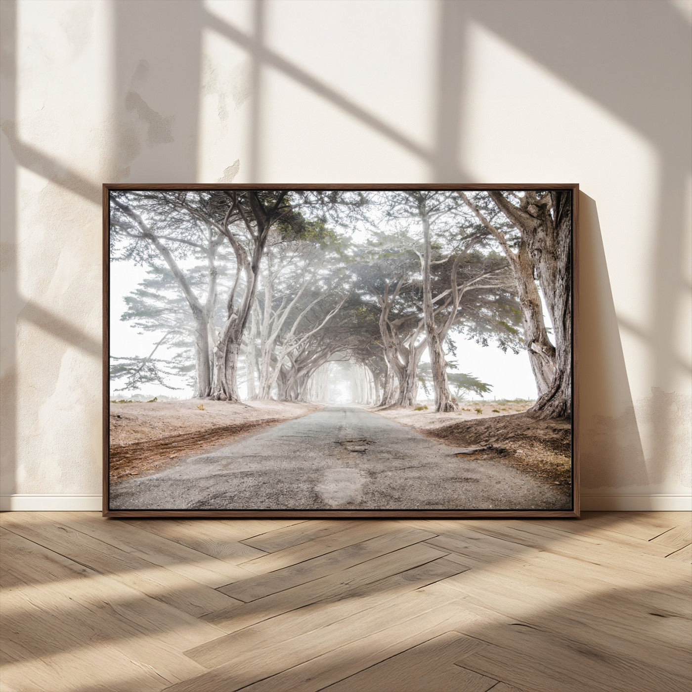 87090469-MGV-FC-36X24_Walnut-Cypress Tunnel Wall Art – Framed Misty Road Canvas Artwork, Foggy Trees Design, Rustic Woodland Nature Decor for Home, Office