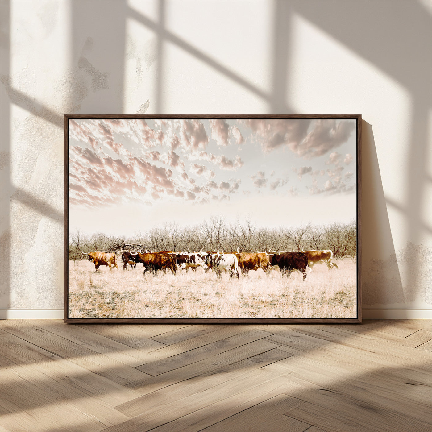 64892775-MGV-CV-36X24-Longhorn Cattle Wall Art Canvas Print – Framed Texas Ranch Scene with Western Cow Artwork for Home, Office