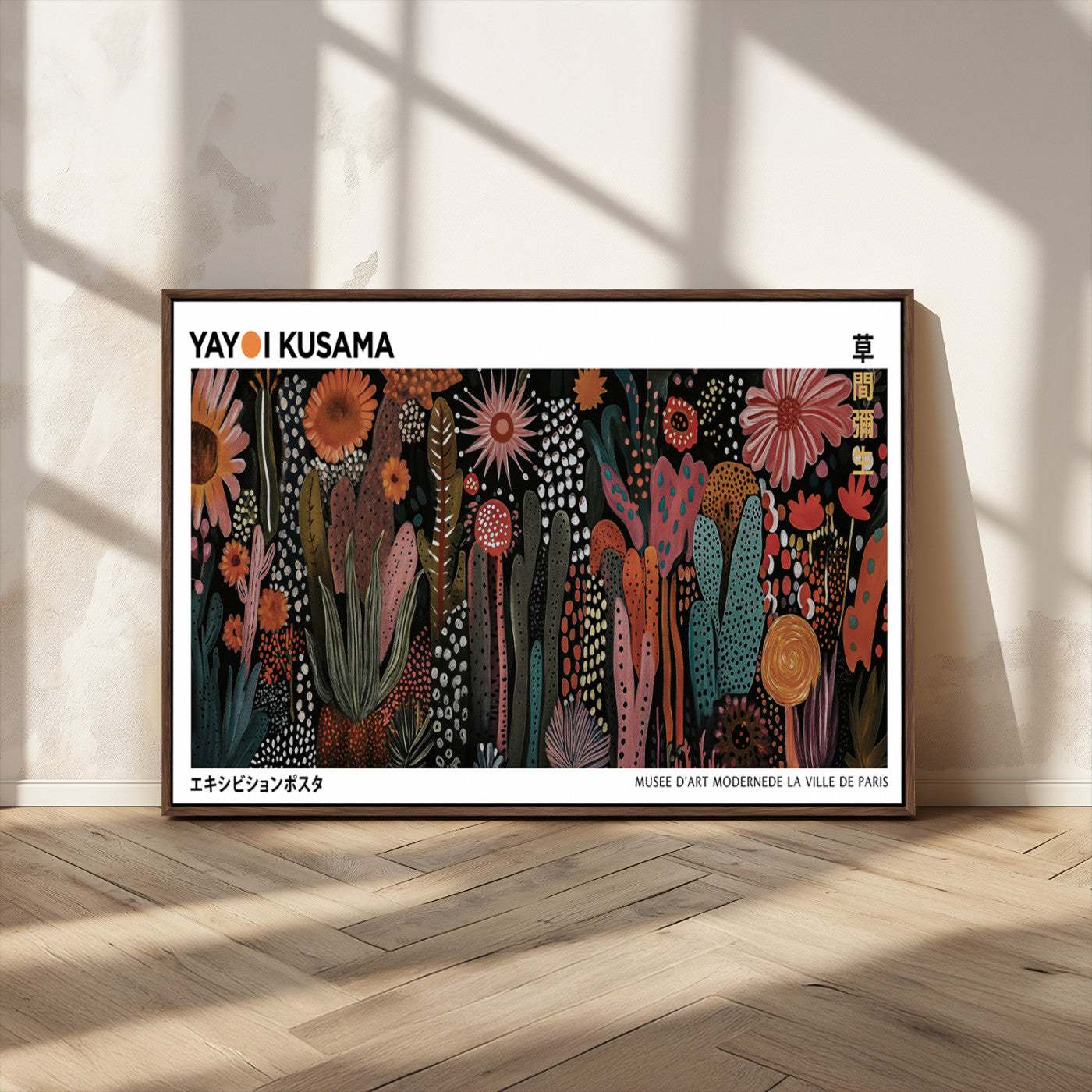 70632622-MGV-CV-36X24-Modern Japanese Wall Art Canvas Print – Framed Abstract Mount Fuji Scene with Yayoi Kusama Artwork for Home, Office