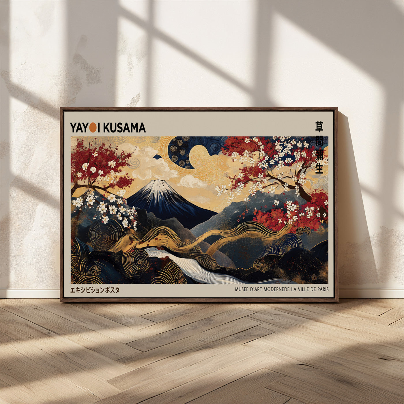 54967195-MGV-CV-36X24-Modern Japanese Wall Art Canvas Print – Framed Abstract Mount Fuji Scene with Yayoi Kusama Japanese Artwork for Home, Office