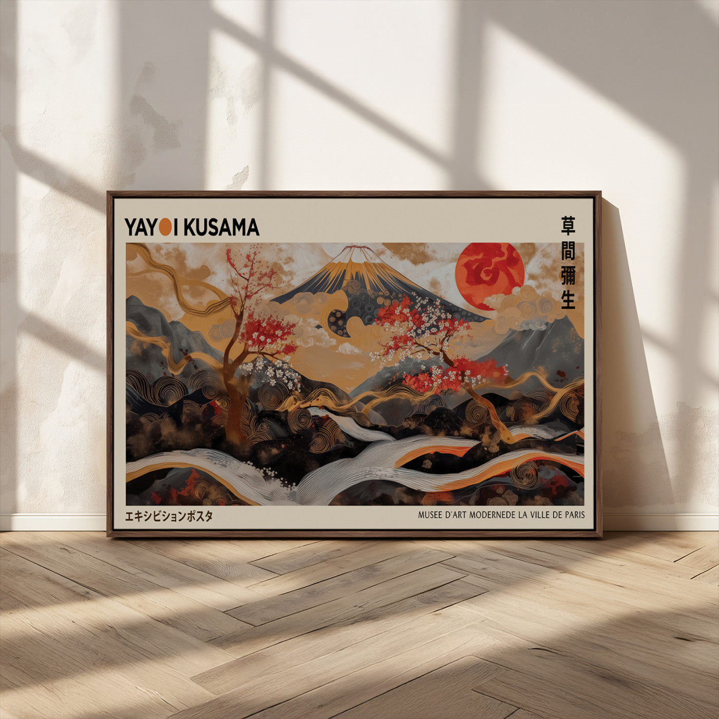 77970791-MGV-CV-36X24-Modern Japanese Wall Art Canvas Print – Framed Abstract Mount Fuji Scene with Yayoi Kusama Artwork for Home, Office