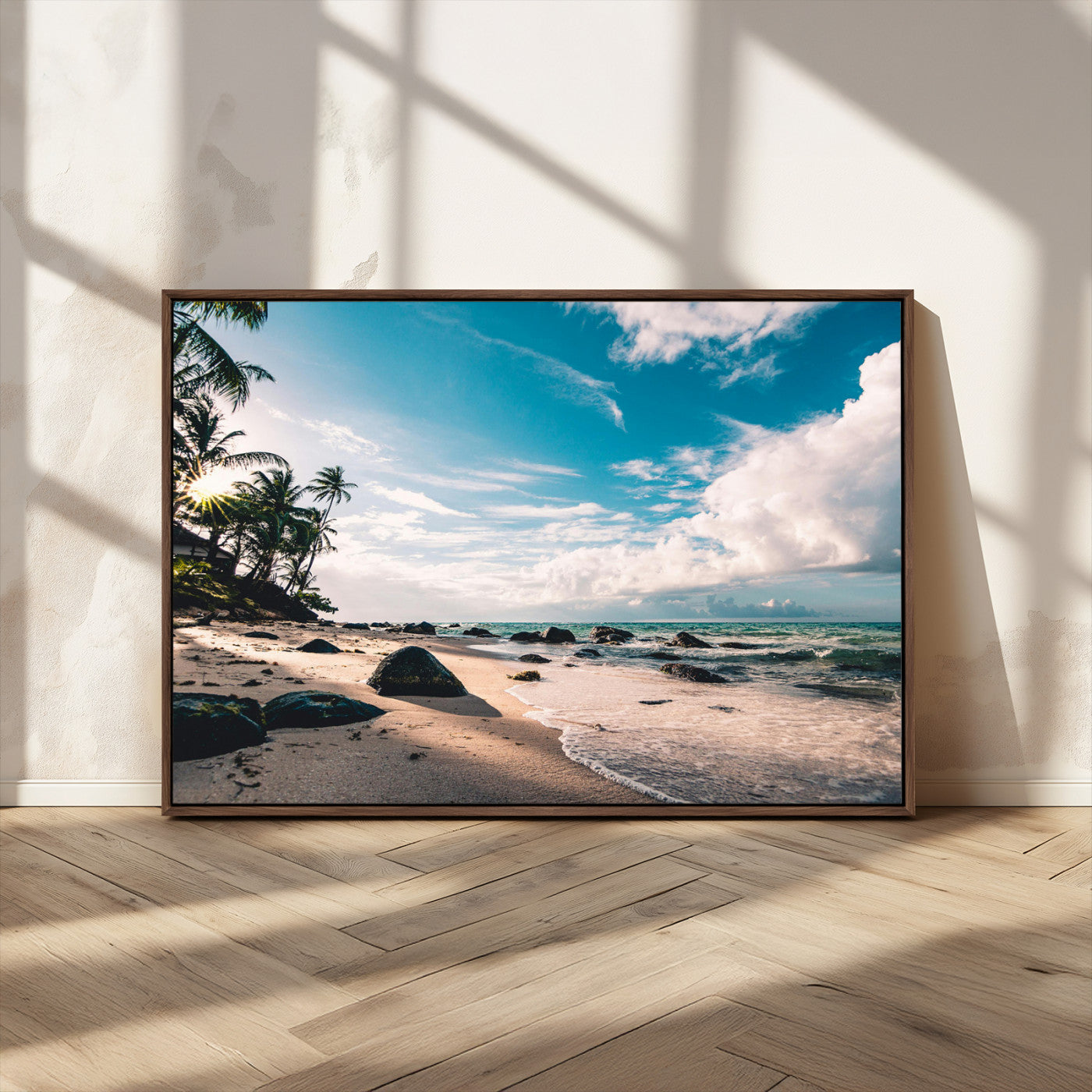 95301406-MGV-FC-36X24_Walnut-Tropical Beach Wall Art Canvas Print – Framed Ocean Waves Relaxing Seascape Coastal Nature Scene Artwork for Home Office