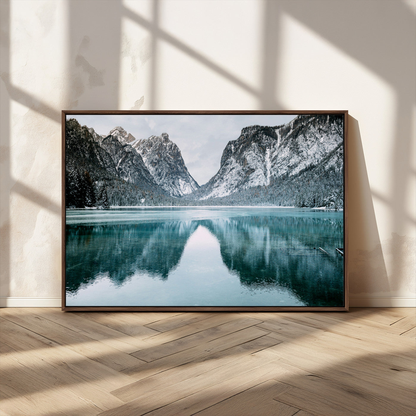 73098373-MGV-CV-36X24-Mountain Lake Wall Art Canvas Print – Framed Snowy Peaks Wonderland Nature Scene Artwork for Home Office