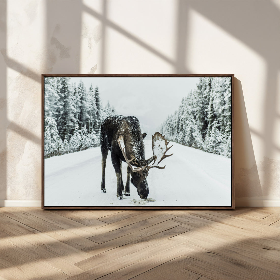 Moose in Snow Wall Art Canvas Print, Framed Winter Wildlife Art, Snowy Forest Rustic Lodge Decor