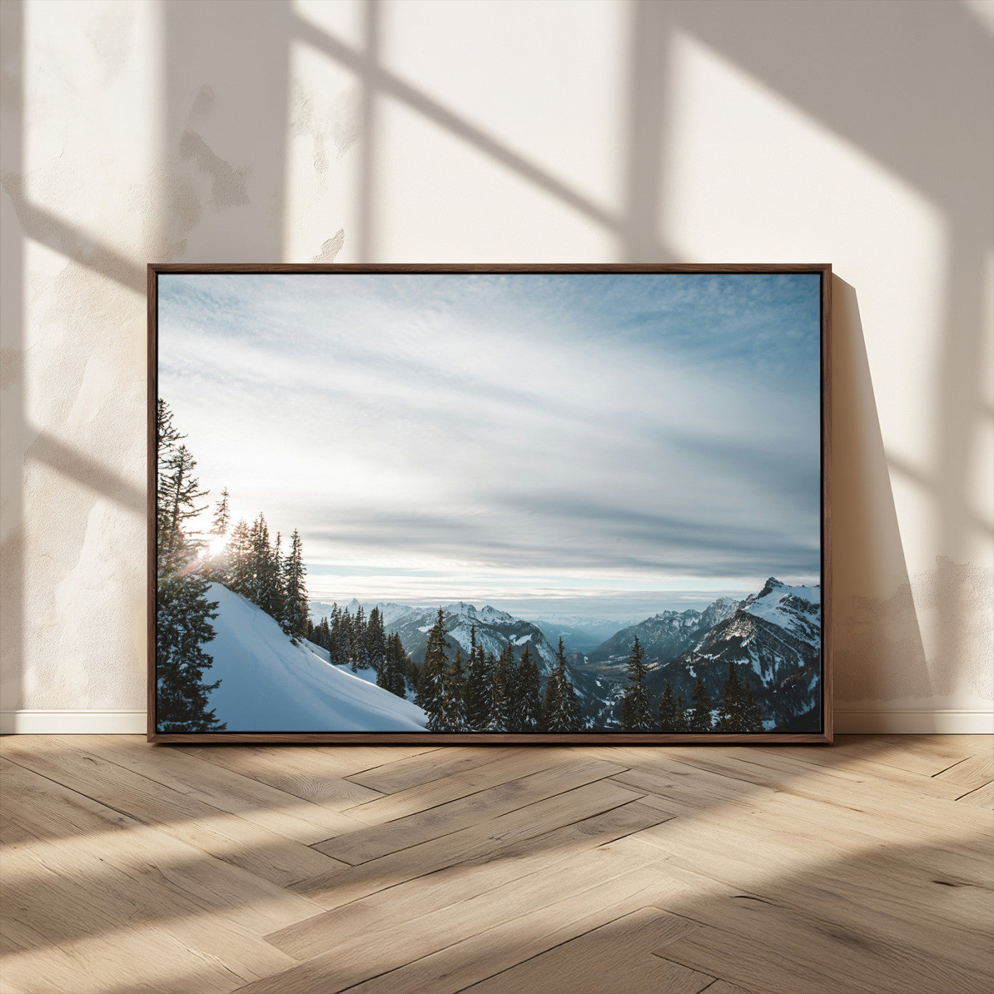 55564749-MGV-CV-36X24-Snowy Mountains Wall Art Canvas Print – Framed Alpine Landscape Frosty Peaks Nordic Minimalist Nature Artwork for Home, Office