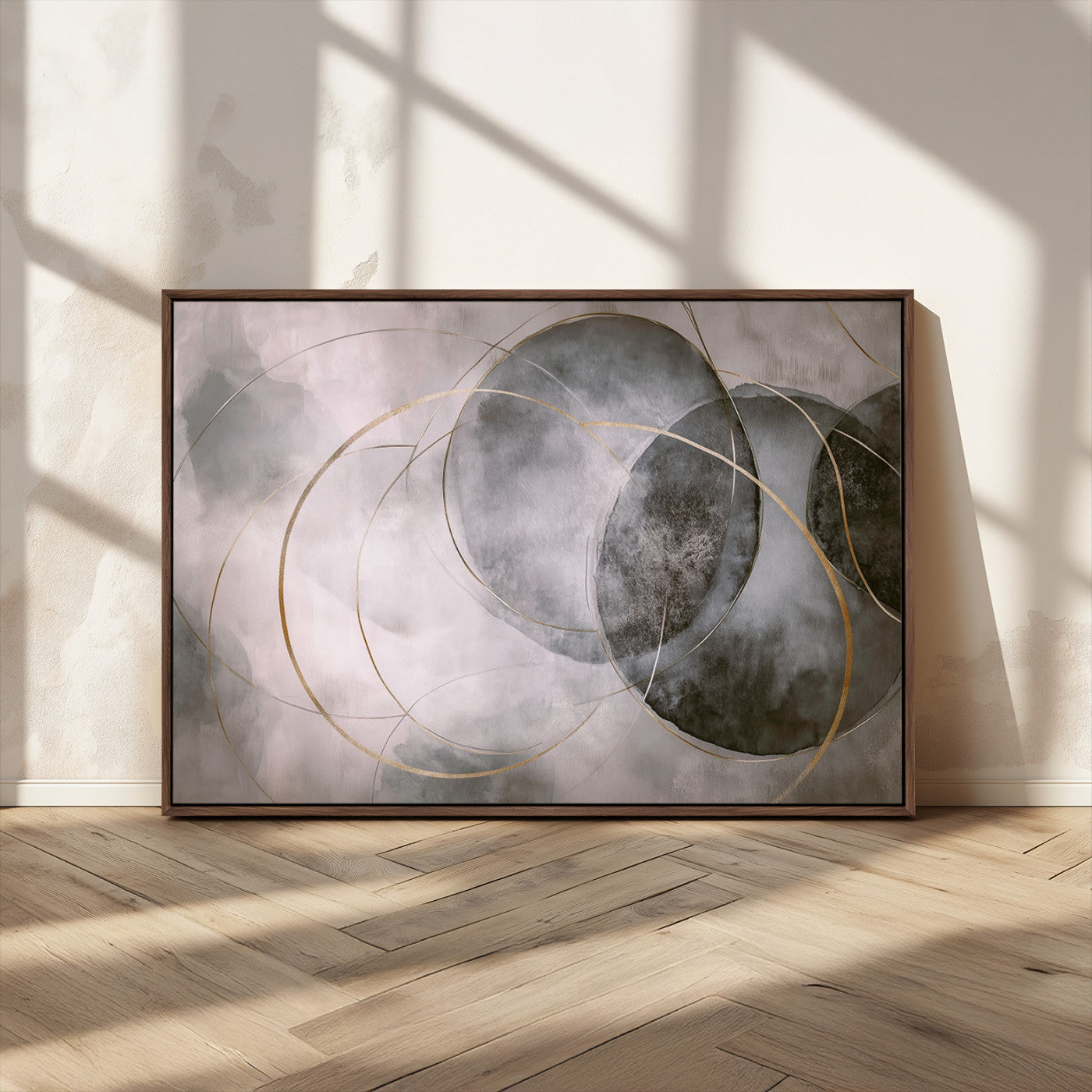 20066876-MGV-CV-36X24-Abstract Grey Gold Circle Wall Art – Modern Geometric Canvas Artwork, Minimal Elegant Design, Luxury Wall Decor for Home, Office