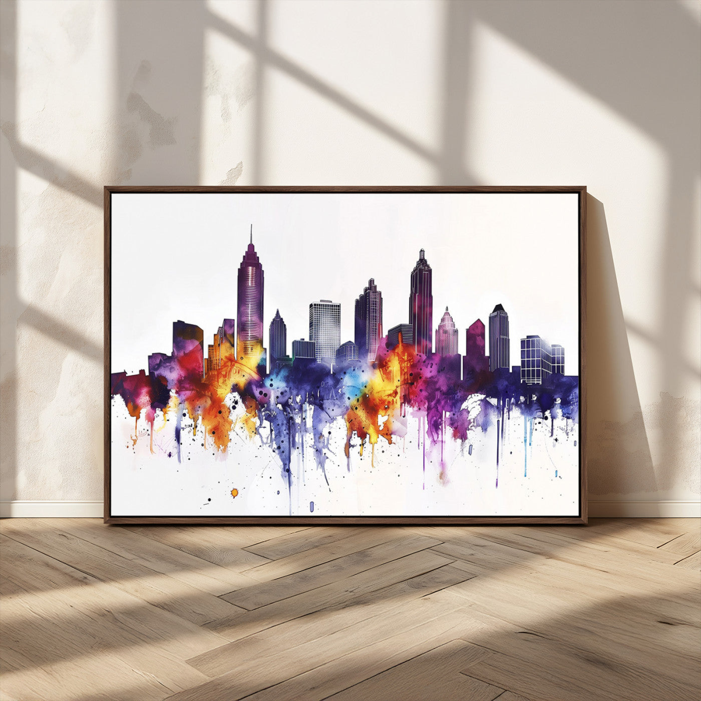 34479880-MGV-CV-36X24-Atlanta Skyline Wall Art Canvas Print – Framed Colorful Watercolor Cityscape Artwork for Home, Office, Living Room