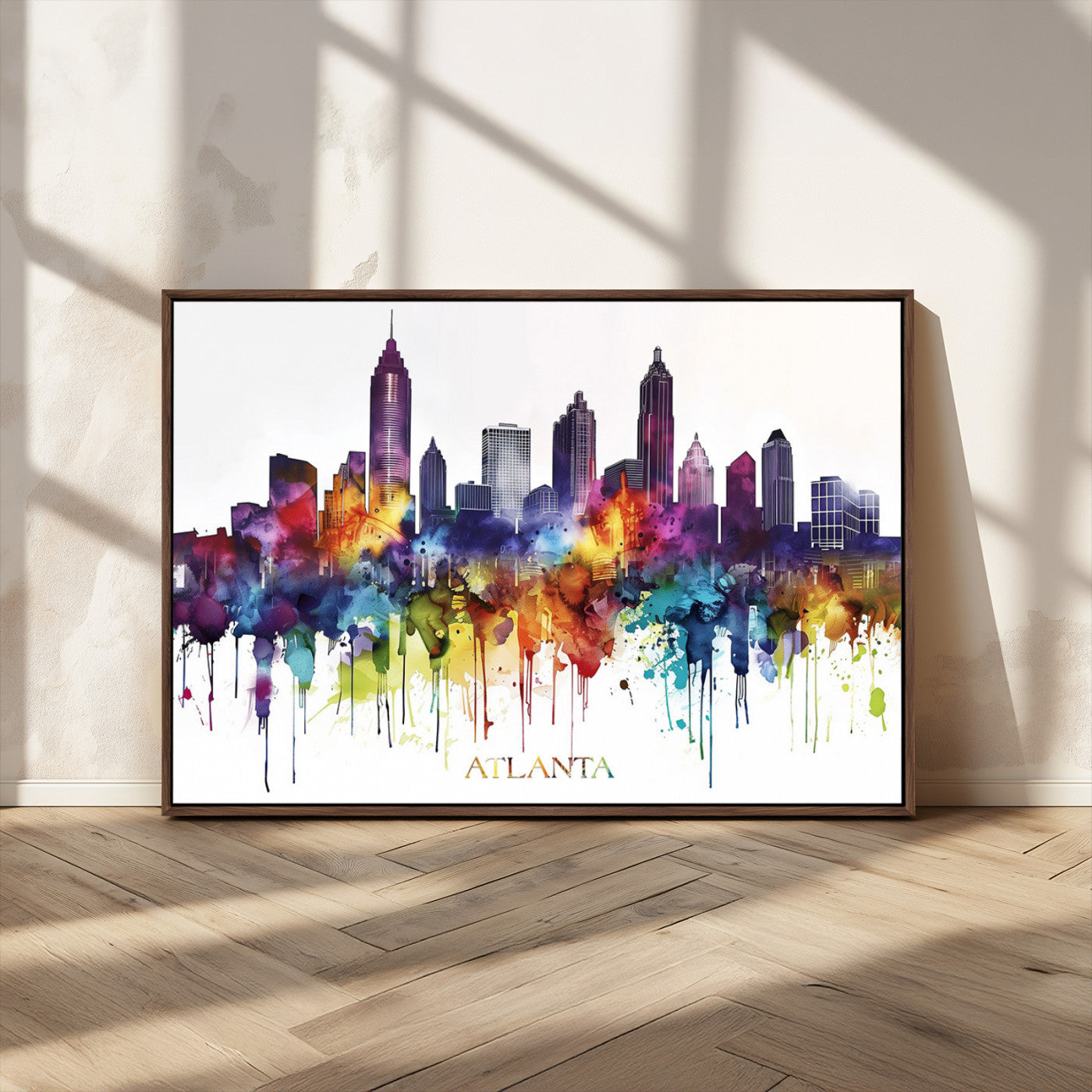 36048320-MGV-CV-36X24-Atlanta Skyline Wall Art Canvas Print – Framed Colorful Watercolor Cityscape Abstract Urban Artwork for Home, Office