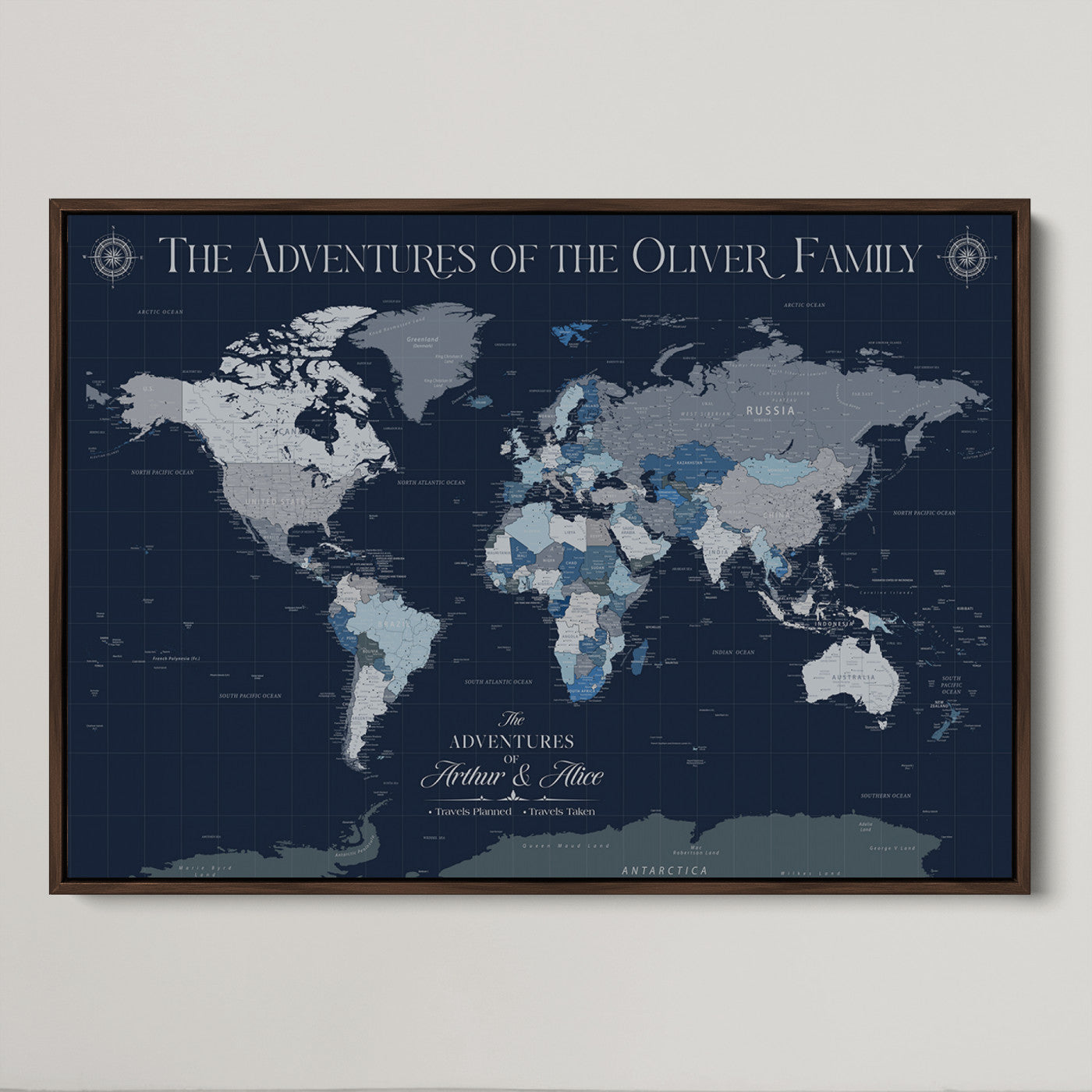 -Personalized Family Adventure World Map – Custom Framed Push Pin Travel Tracker Canvas, Elegant Wall Art for Home, Office