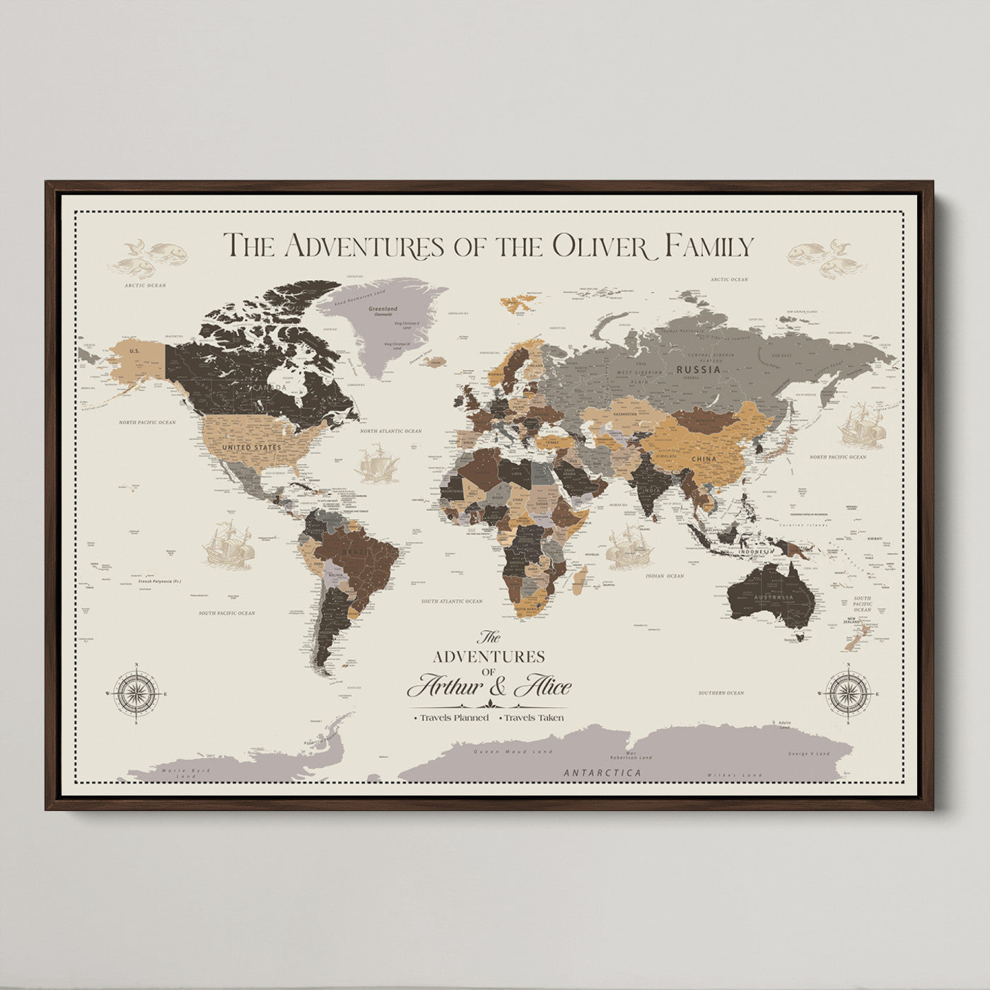 -Personalized Family Adventure World Map Canvas – Custom Framed Push Pin Travel Tracker, Wall Art Gift for Home, Office