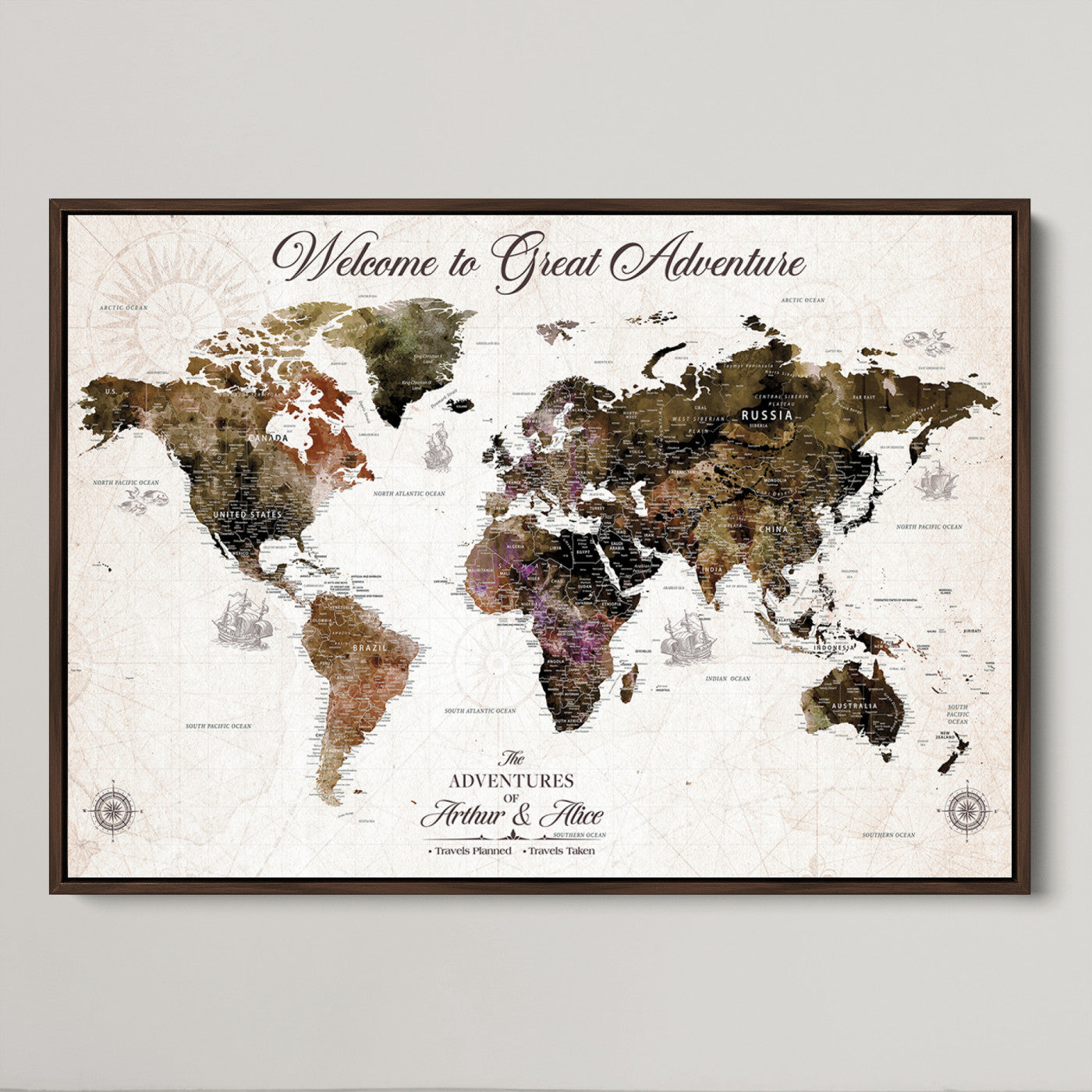-Personalized World Map Canvas Custom Framed Push Pin Travel Tracker Vintage Adventure Wall Art Gift Couples Travelers Home, Office