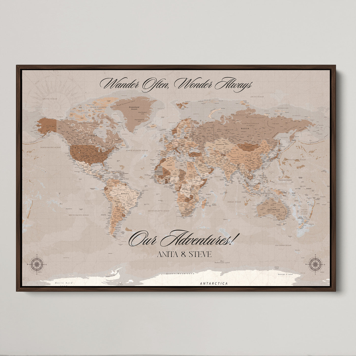 -Personalized World Map Canvas Custom Framed Push Pin Travel Tracker Elegant Neutral Wall Art Gift Couples Travelers for Home, Office