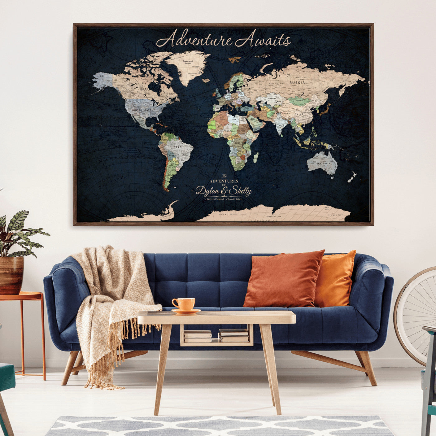 Rehber01-MGV-CV-36X24-Personalized World Map Canvas Print – Framed Push Pin Travel Wall Art for Couples – Adventure & Anniversary Gift