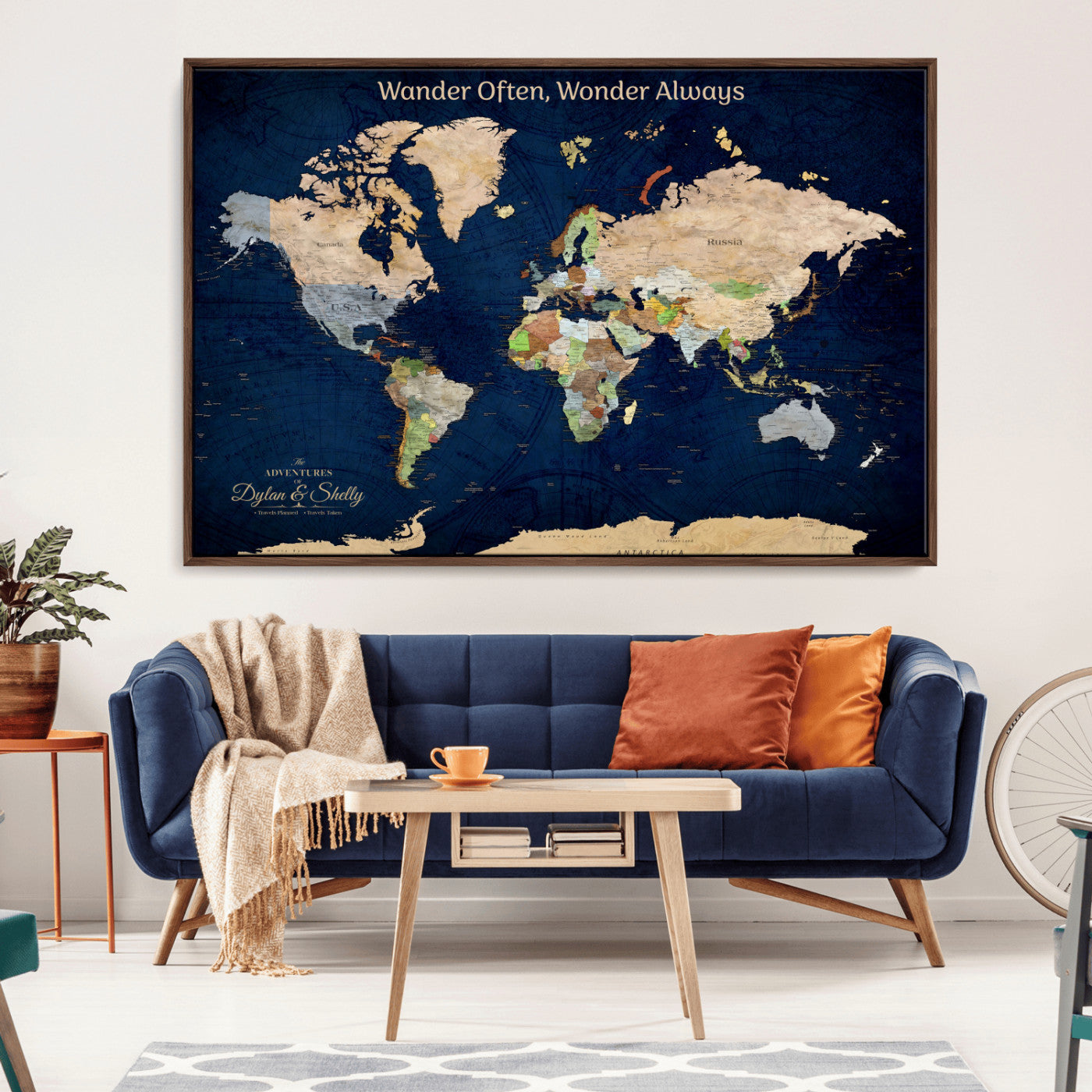 Rehber01-MGV-CV-36X24-Personalized World Map Canvas – Custom Framed Push Pin Travel Map Wall Art, Navy Blue Vintage Gift for Couples and Adventurers