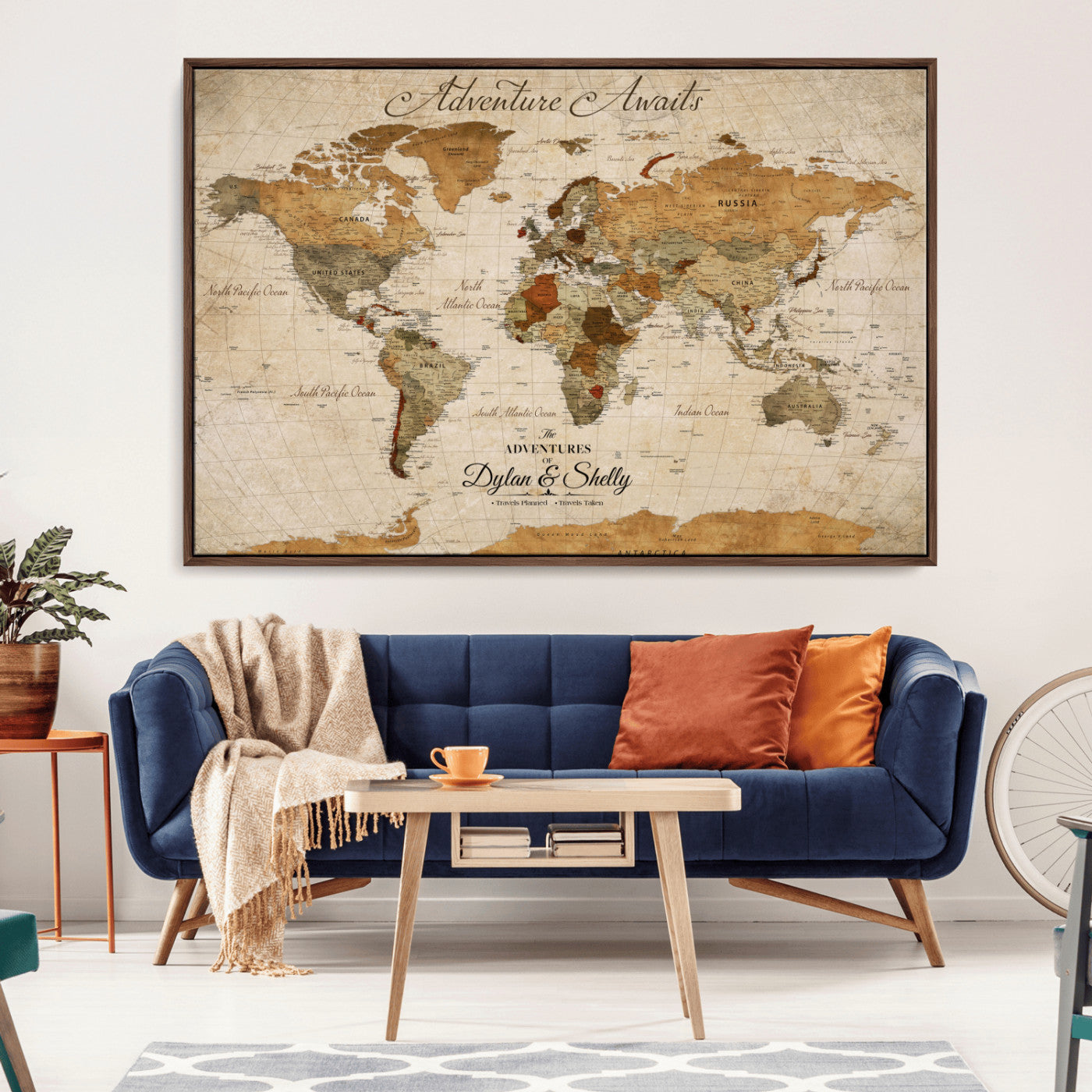 Rehber01-MGV-CV-36X24-Personalized Push Pin World Map Canvas Print – Custom Adventure Travel Map, Framed Wall Art Gift for Couples or Family