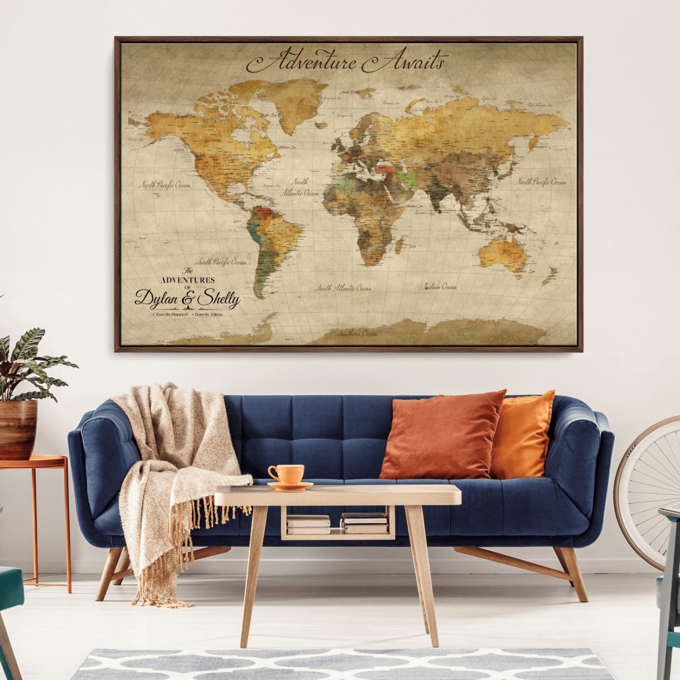 Rehber01-MGV-CV-36X24-Personalized World Map Canvas – Custom Framed Push Pin Travel Map Wall Art, Rustic Vintage Gift for Couples and Travel Lovers