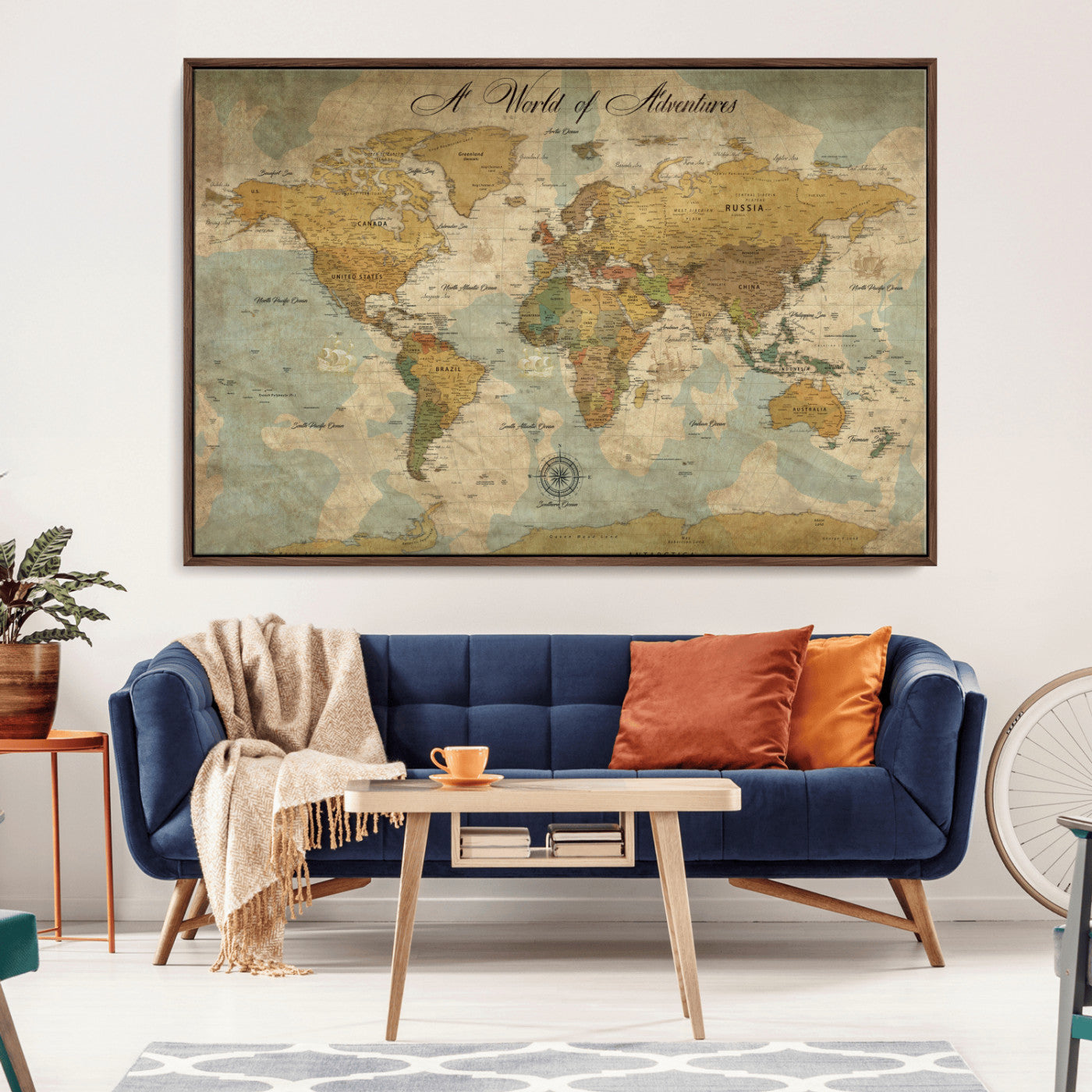 Rehber01-MGV-CV-36X24-Personalized World Map Canvas – Custom Framed Push Pin Travel Map Wall Art, Vintage Style Gift for Couples or Families