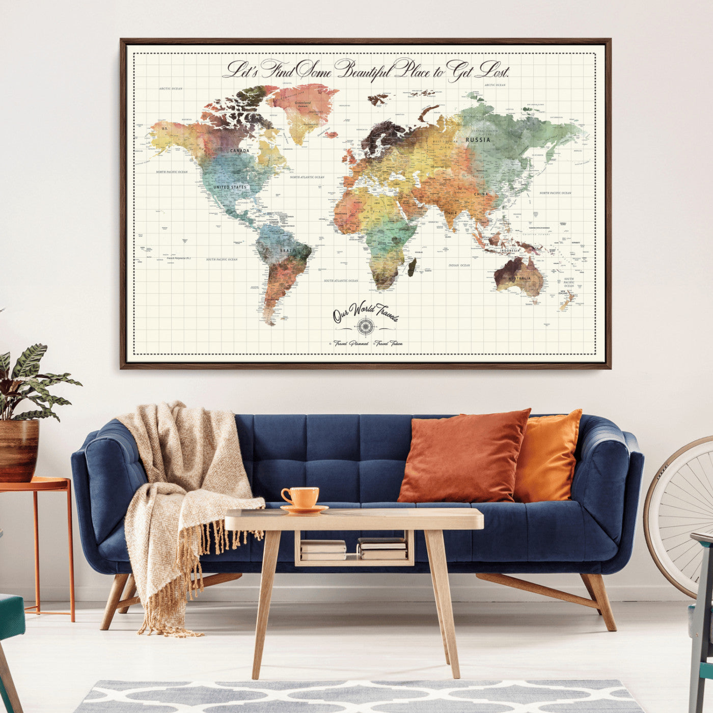 -Personalized Push Pin World Map Canvas Print – Custom Adventure Travel Tracker Map, Framed Wall Art Gift for Couples or Family