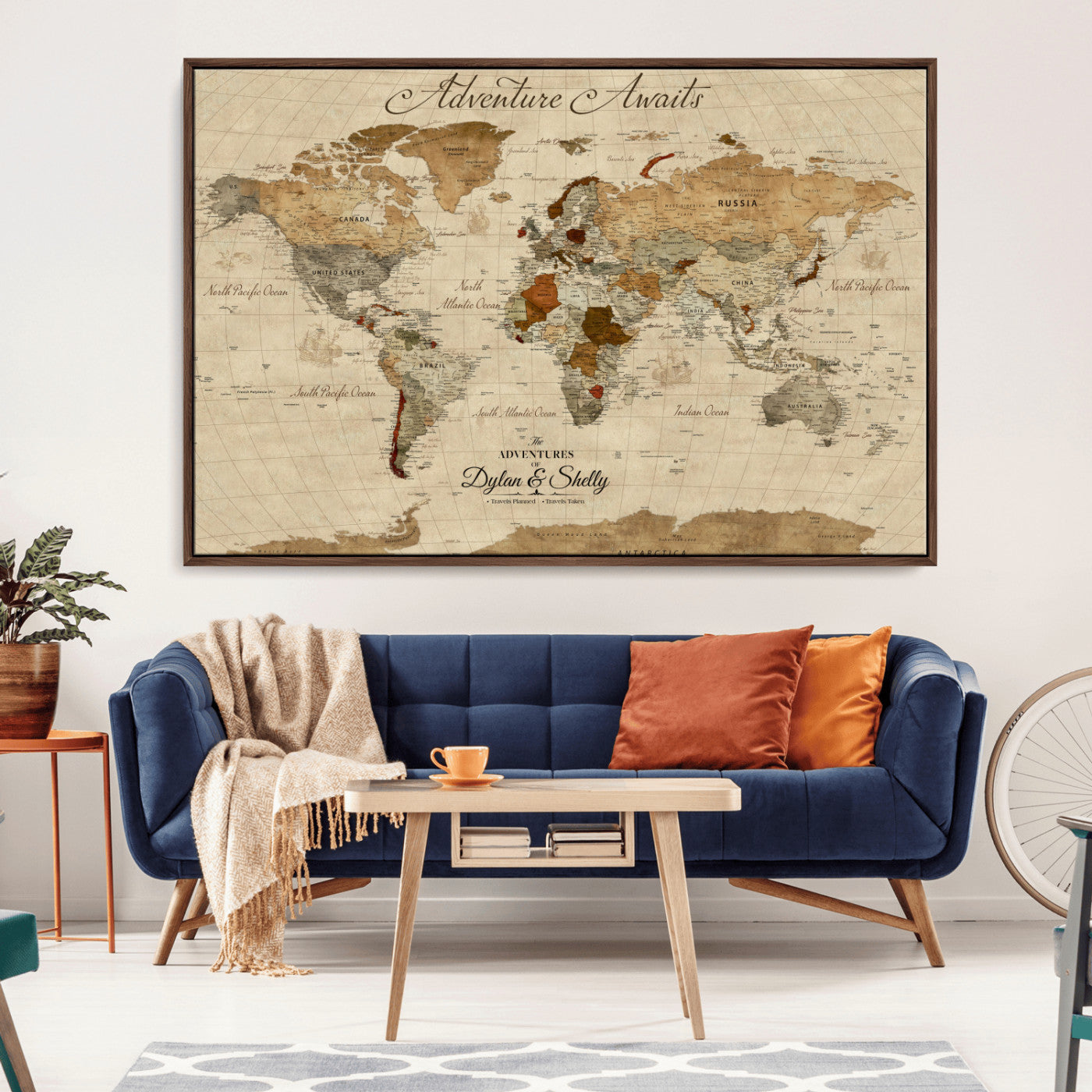Rehber01-MGV-CV-36X24-Personalized World Map Canvas – Custom Framed Push Pin Travel Map Wall Art with Names, Vintage Style Gift for Couples