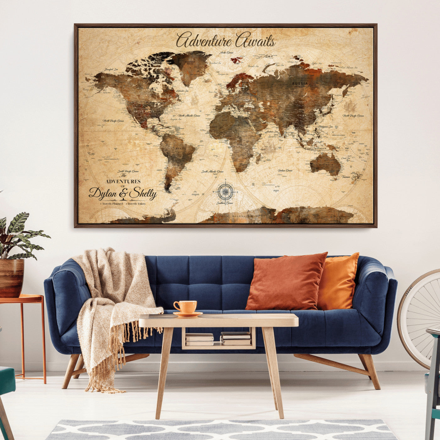 Rehber01-MGV-CV-36X24-Personalized World Map Canvas Wall Art – Custom Framed Push Pin Travel Tracker Print, Unique Gift for Home or Office Decor