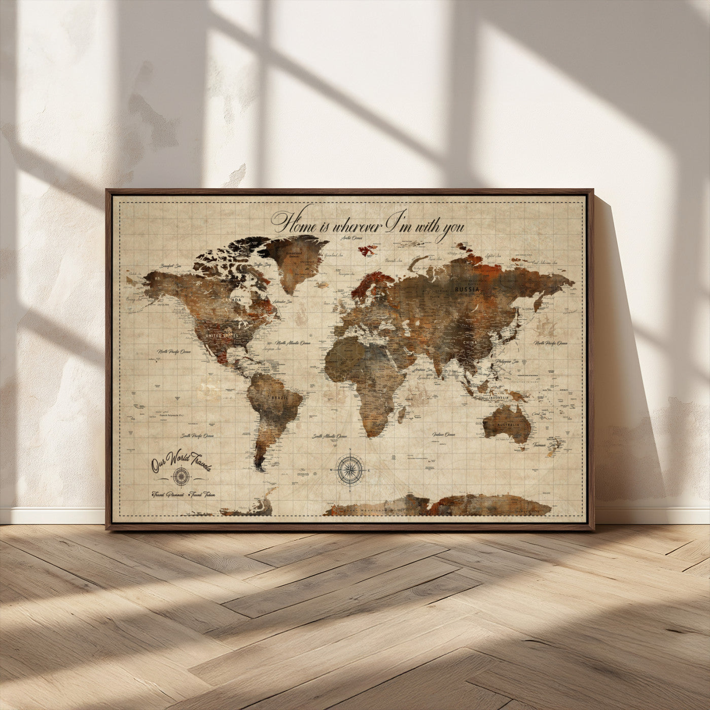 96762438-MGV-FC-36X24_Walnut-Personalized World Map Print, Customizable Push Pin Framed World Map Print on Canvas - Custom Quote on Map Print
