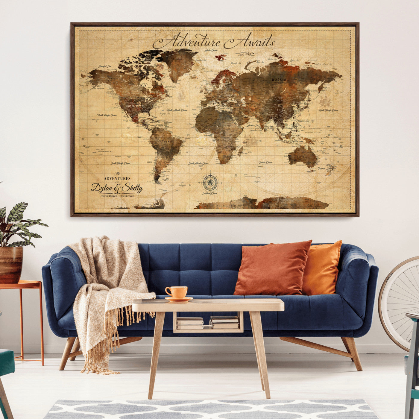Rehber01-MGV-CV-36X24-Personalized World Map Canvas Wall Art – Custom Framed Push Pin Travel Tracker Print, Unique Gift for Home or Office Decor
