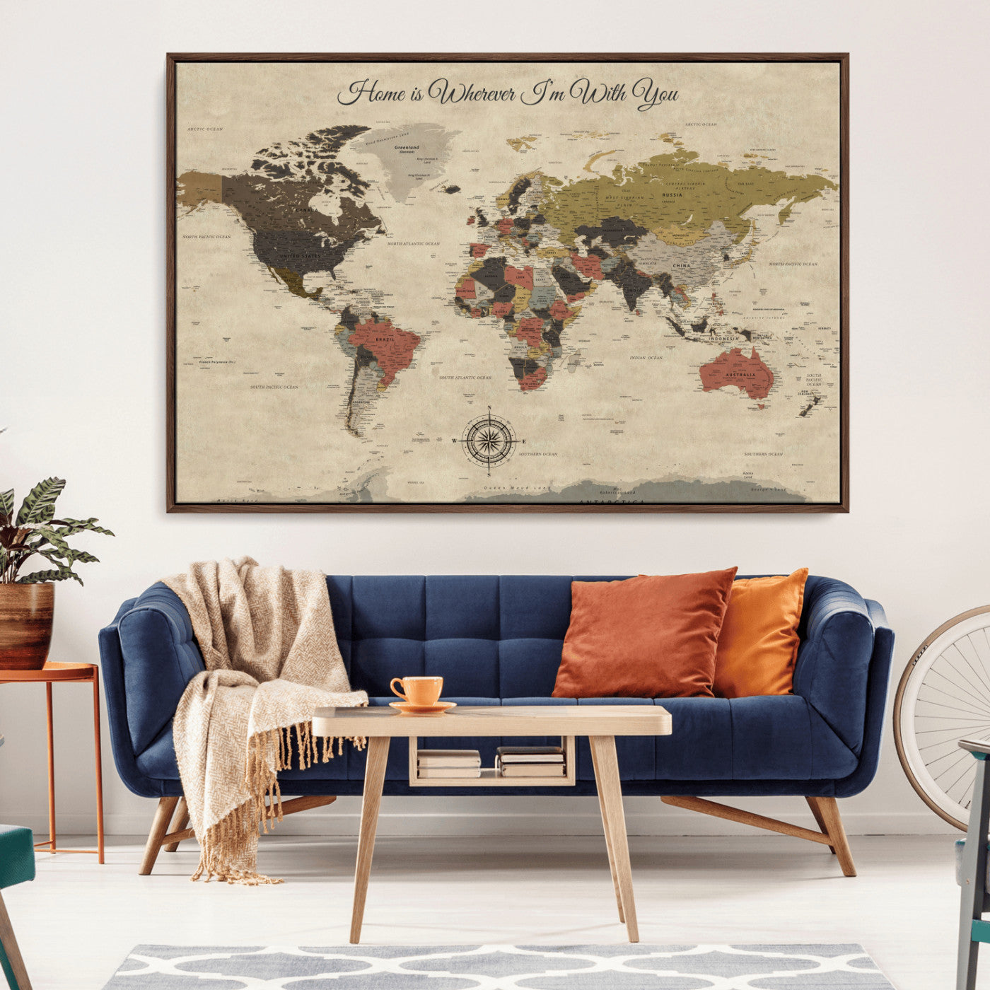 -Personalized World Map Wall Art Canvas Print – Customizable Push Pin Framed Travel Map Artwork for Home Office