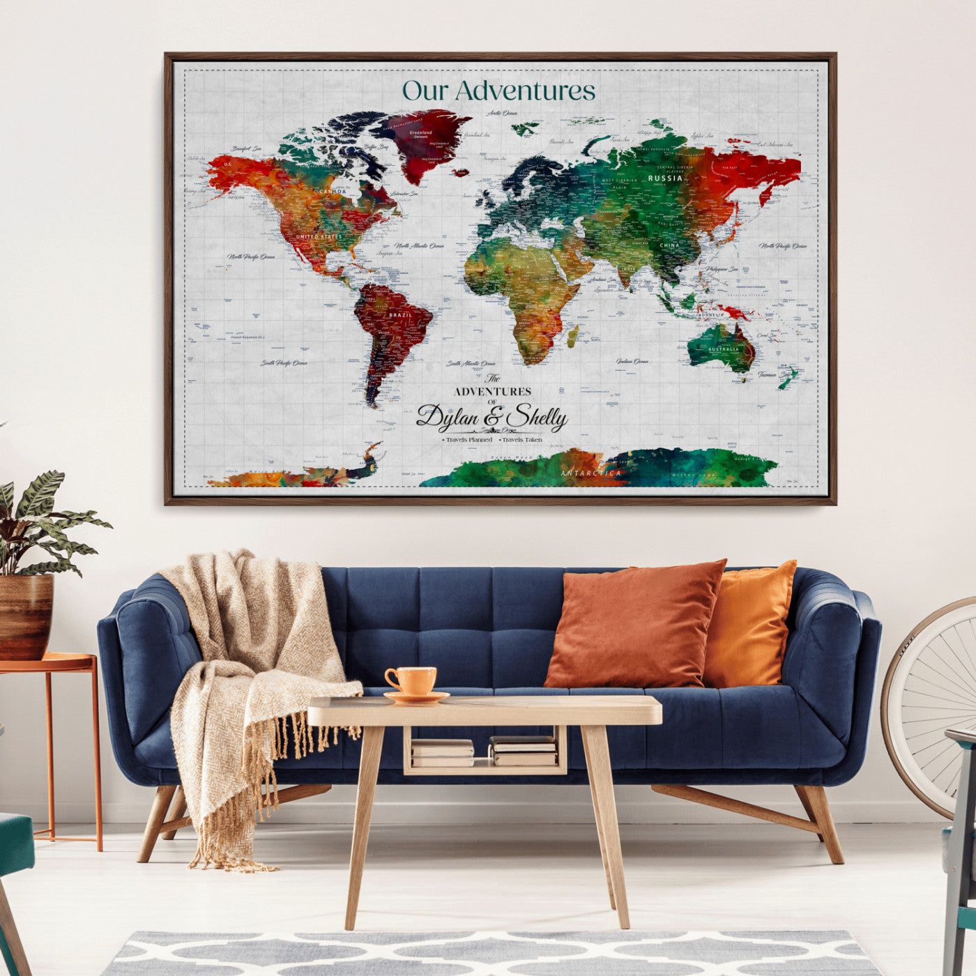 Rehber01-MGV-CV-36X24-Personalized World Map Canvas Wall Art – Custom Framed Push Pin Travel Tracker Print, Unique Gift for Home or Office Decor