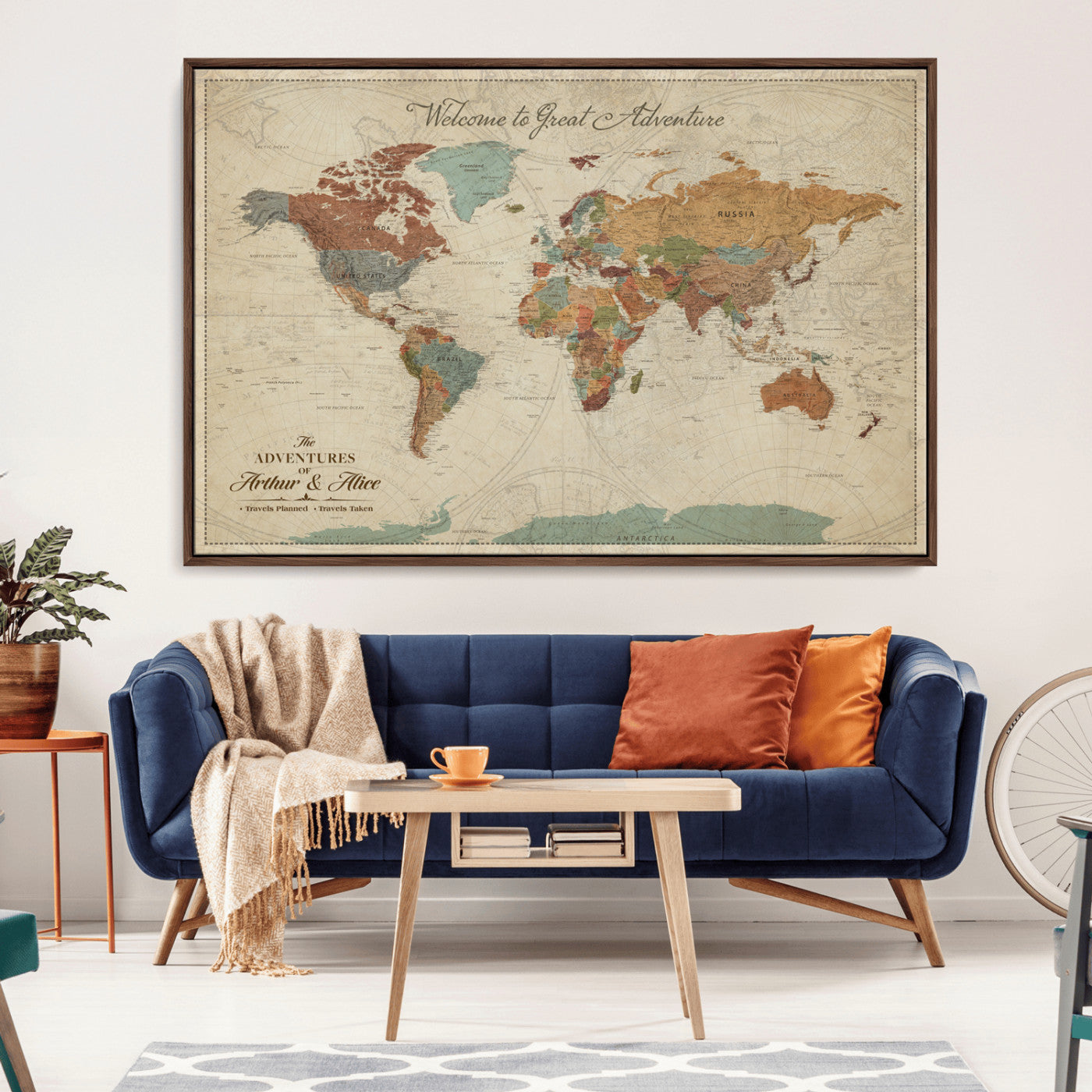 -Personalized World Map Canvas Wall Art – Custom Framed Push Pin Travel Tracker Print, Unique Gift for Home or Office Decor