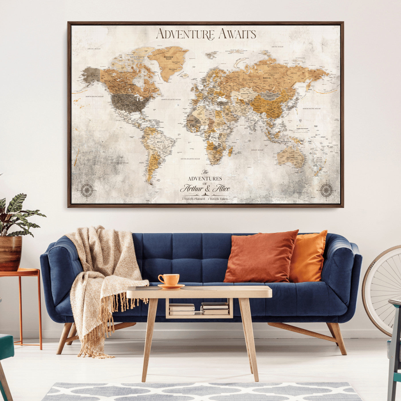 Rehber01-MGV-CV-36X24-Personalized World Map Canvas Print – Custom Push Pin Travel Map Vintage Neutral Style Gift for Couples Travelers for Home Office