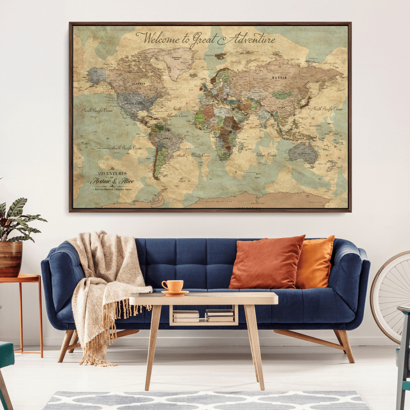 Rehber01-MGV-CV-36X24-Personalized World Map Canvas Wall Art – Custom Framed Push Pin Travel Tracker Print, Unique Gift for Home or Office Decor