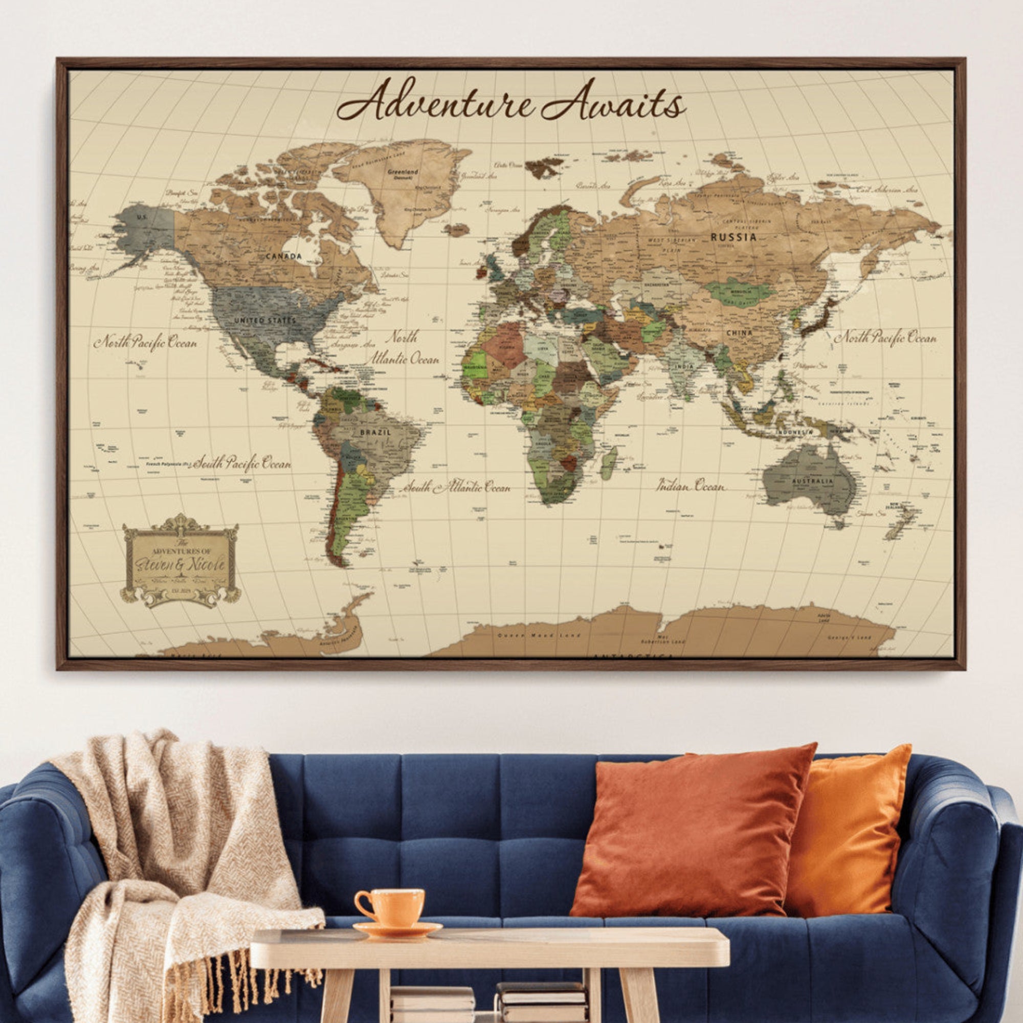 Rehber01-MGV-CV-36X24-Personalized Custom World Map Wall Art Canvas Print – Travel Tracker Adventure Destination Decor for Home Office