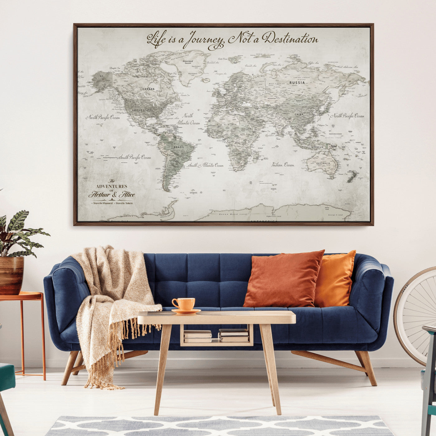 11398637-MGV-CV-36X24-Personalized Vintage World Map Canvas Print – Framed Push Pin Travel Tracker Neutral Elegant Artwork for Home, Office