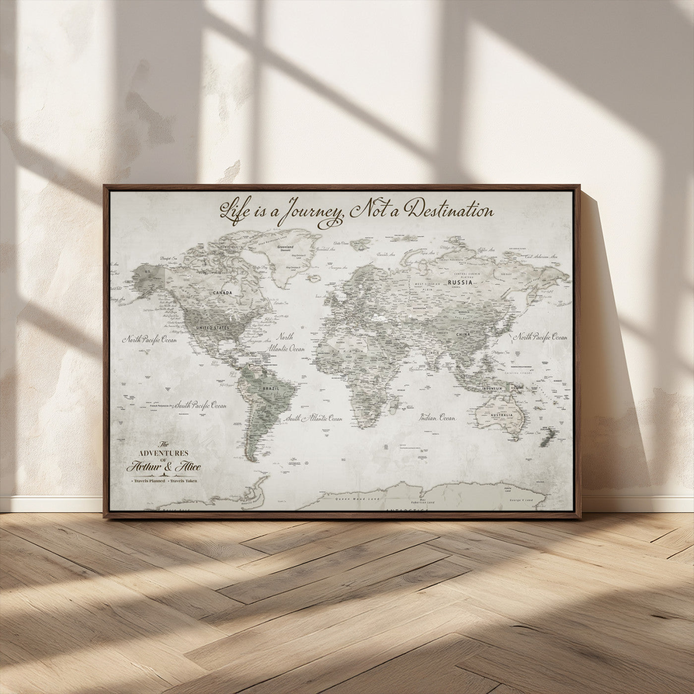 11398637-MGV-FC-36X24_Walnut-Custom Push Pin World Map Wall Canvas Print – Personalized Travel Tracker with Pins – Framed Custom