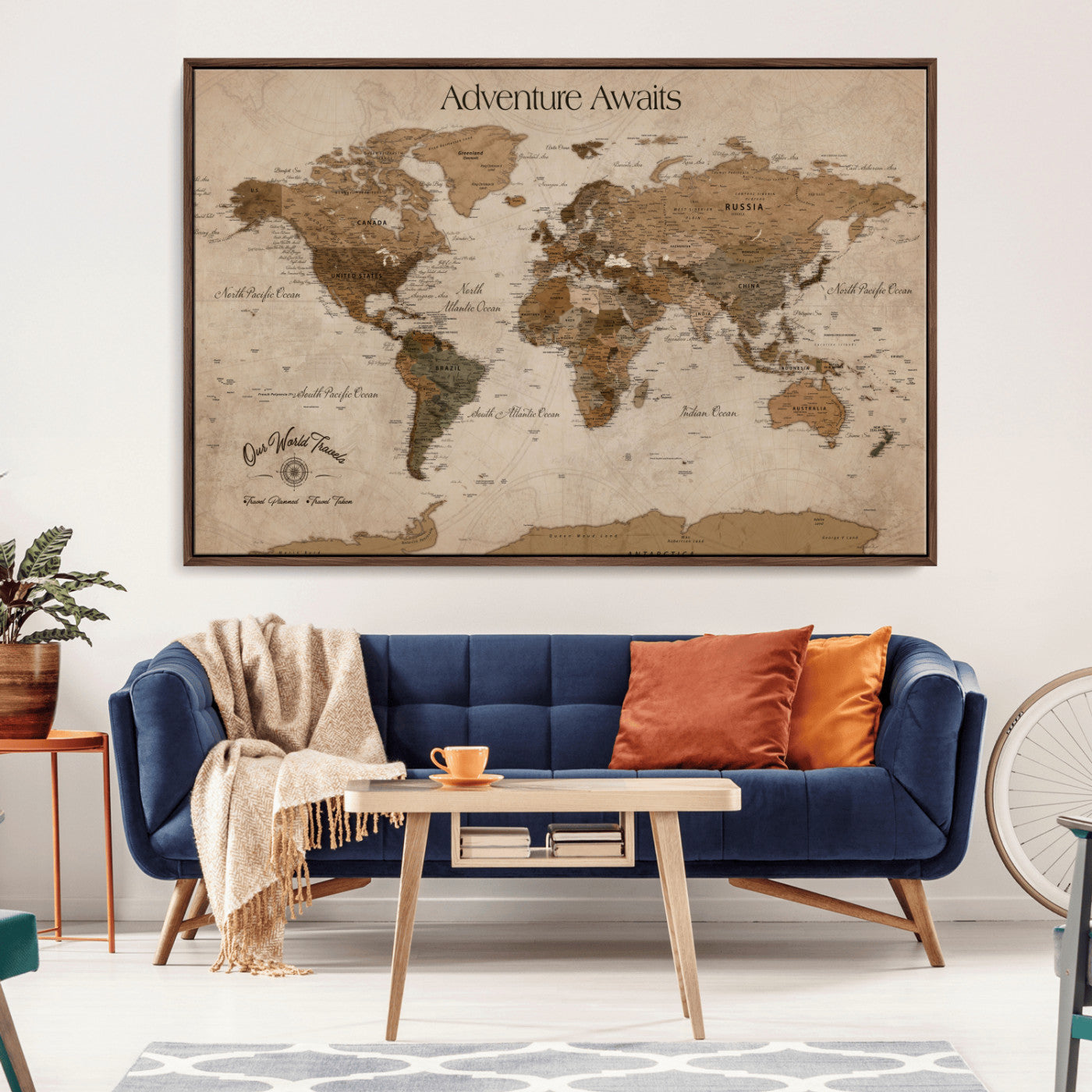 Rehber01-MGV-CV-36X24-Personalized Framed World Map Wall Art Canvas – Custom Push Pin Travel Map with 100 Pins Foam Backing for Home Office
