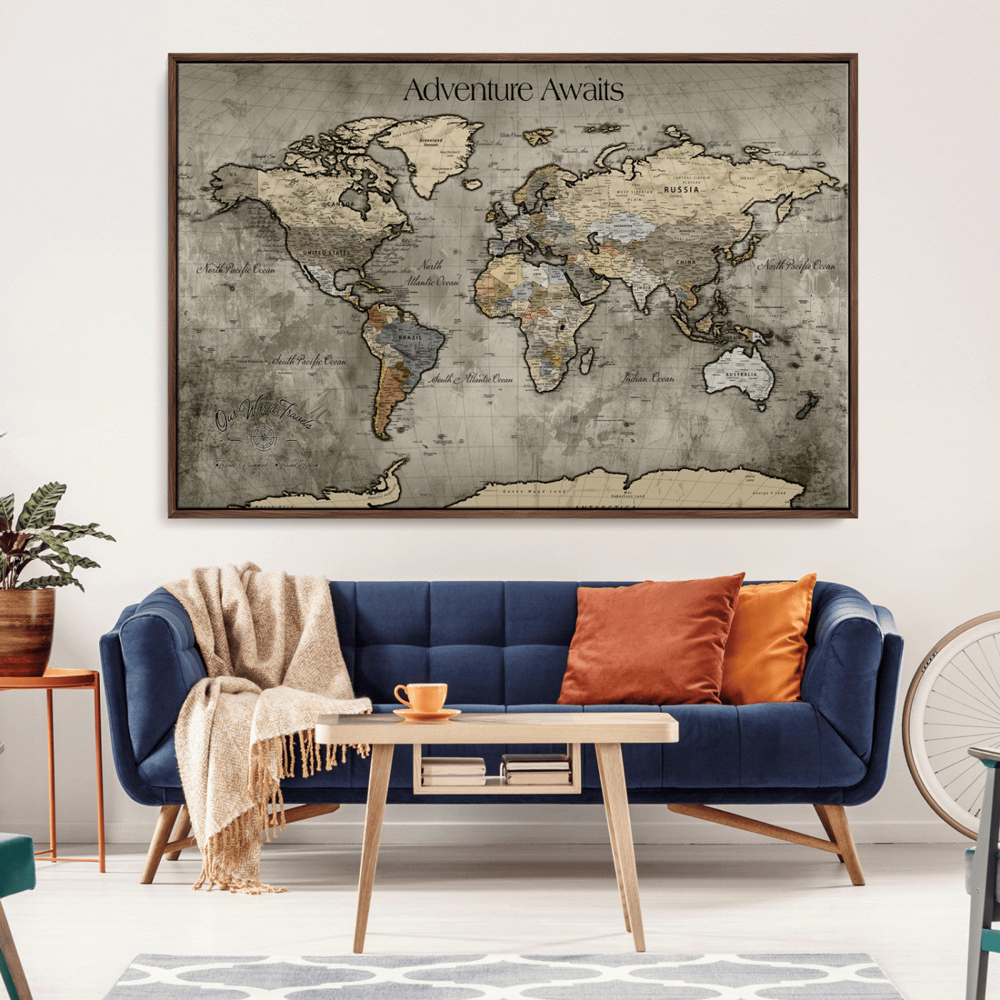 -Tree Rings Wall Art Canvas Print, Framed Wood Texture Art Picture Print, Blue Grain Perfect Rustic
