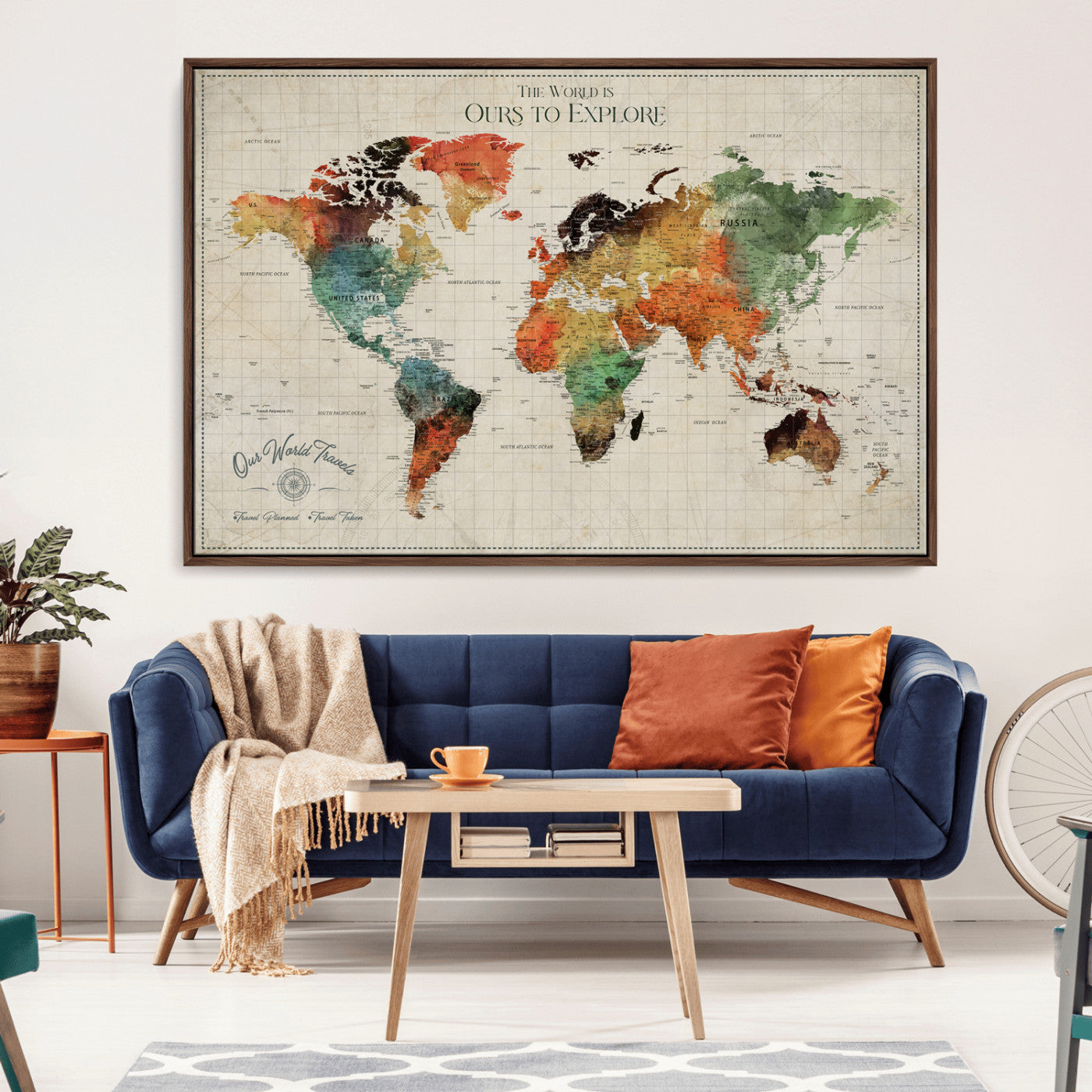 Rehber01-MGV-CV-36X24-Custom Push Pin World Map Wall Art Canvas Print – Personalized Travel Tracker Map Framed Artwork for Home Office