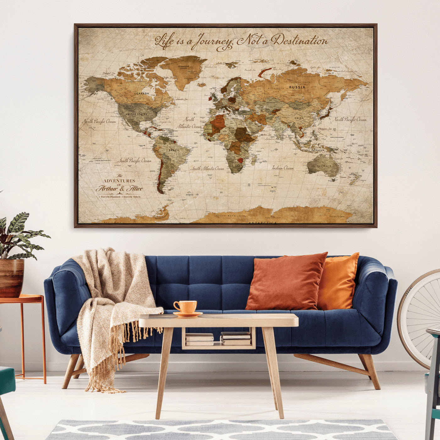 Rehber01-MGV-CV-36X24-Personalized Vintage World Map Canvas – Custom Framed Push Pin Travel Map Wall Art, Rustic Gift for Couples and Travel Lovers
