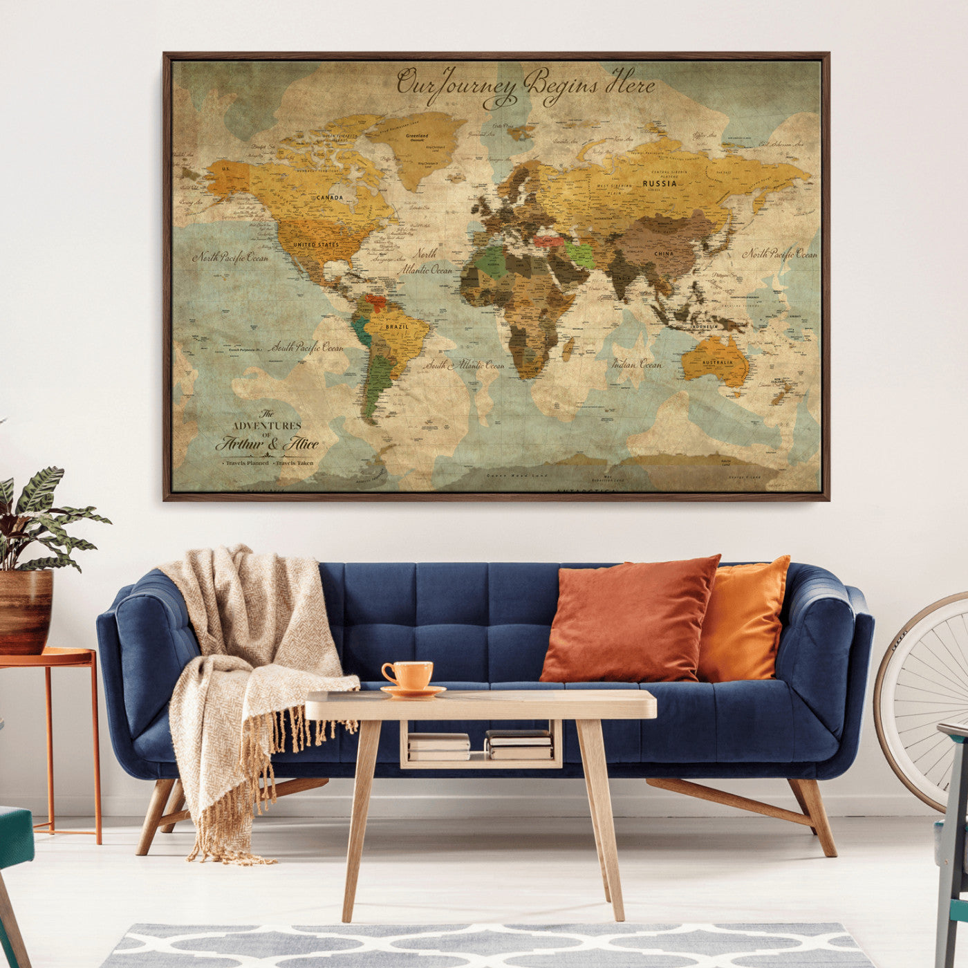 40572820-MGV-CV-36X24-Personalized World Map Canvas – Custom Framed Push Pin Travel Map Wall Art, Vintage Style Gift for Couples