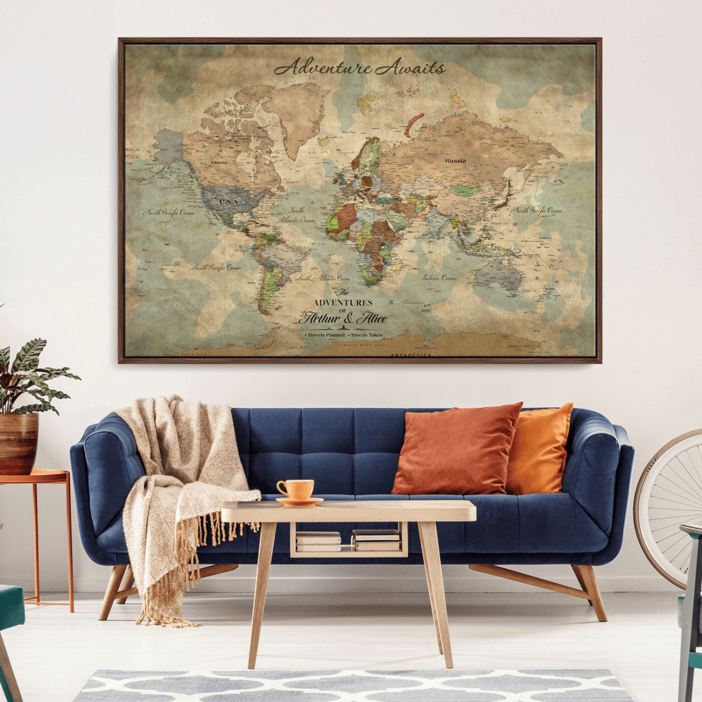 Rehber01-MGV-CV-36X24-Personalized Vintage World Map Canvas Print – Custom Push Pin Travel Map Antique Style Gift for Couples Travelers for Home Office