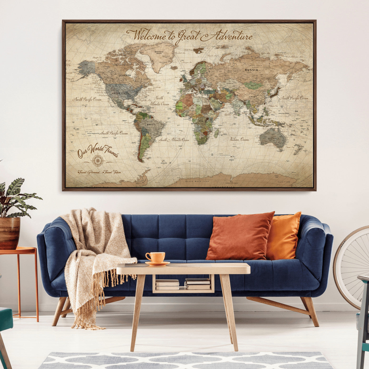 -Personalized Antique World Map Canvas Print – Custom Push Pin Travel Tracker Vintage Adventure Gift for Couples for Home, Office